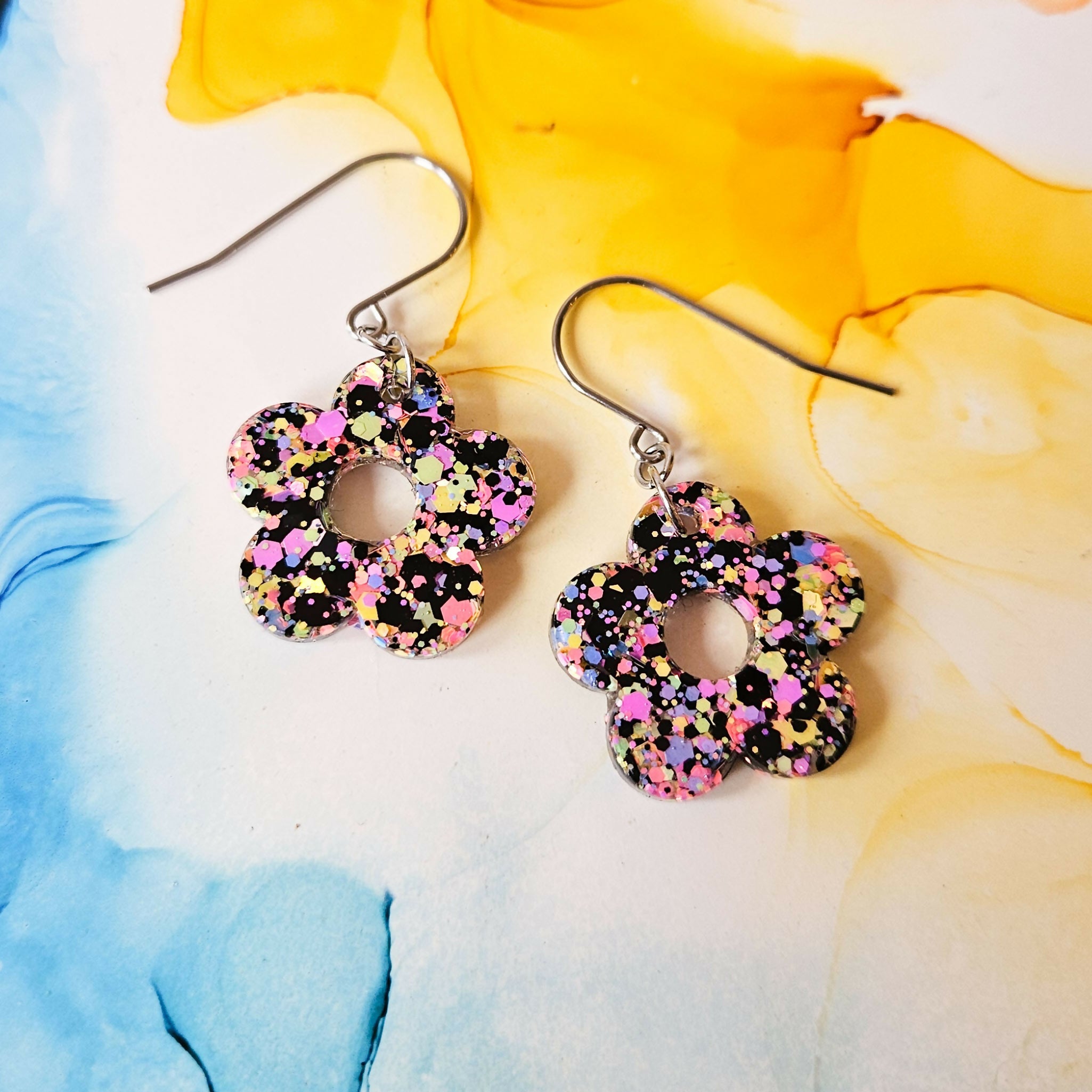 Handmade Resin Glitter Flower Drop Earrings
