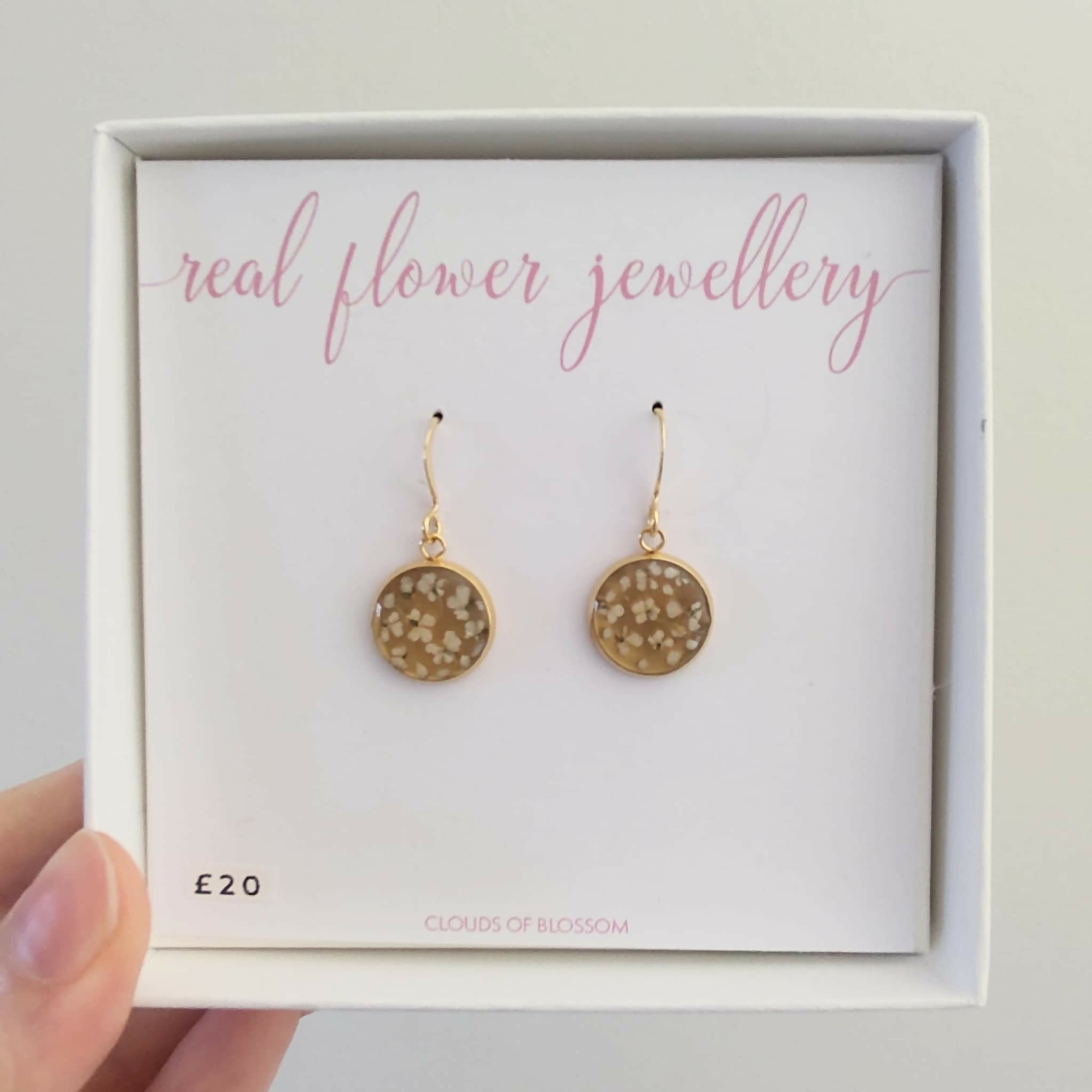 Real White Lace Flower Mirrored Circle Earrings Gold Plated
