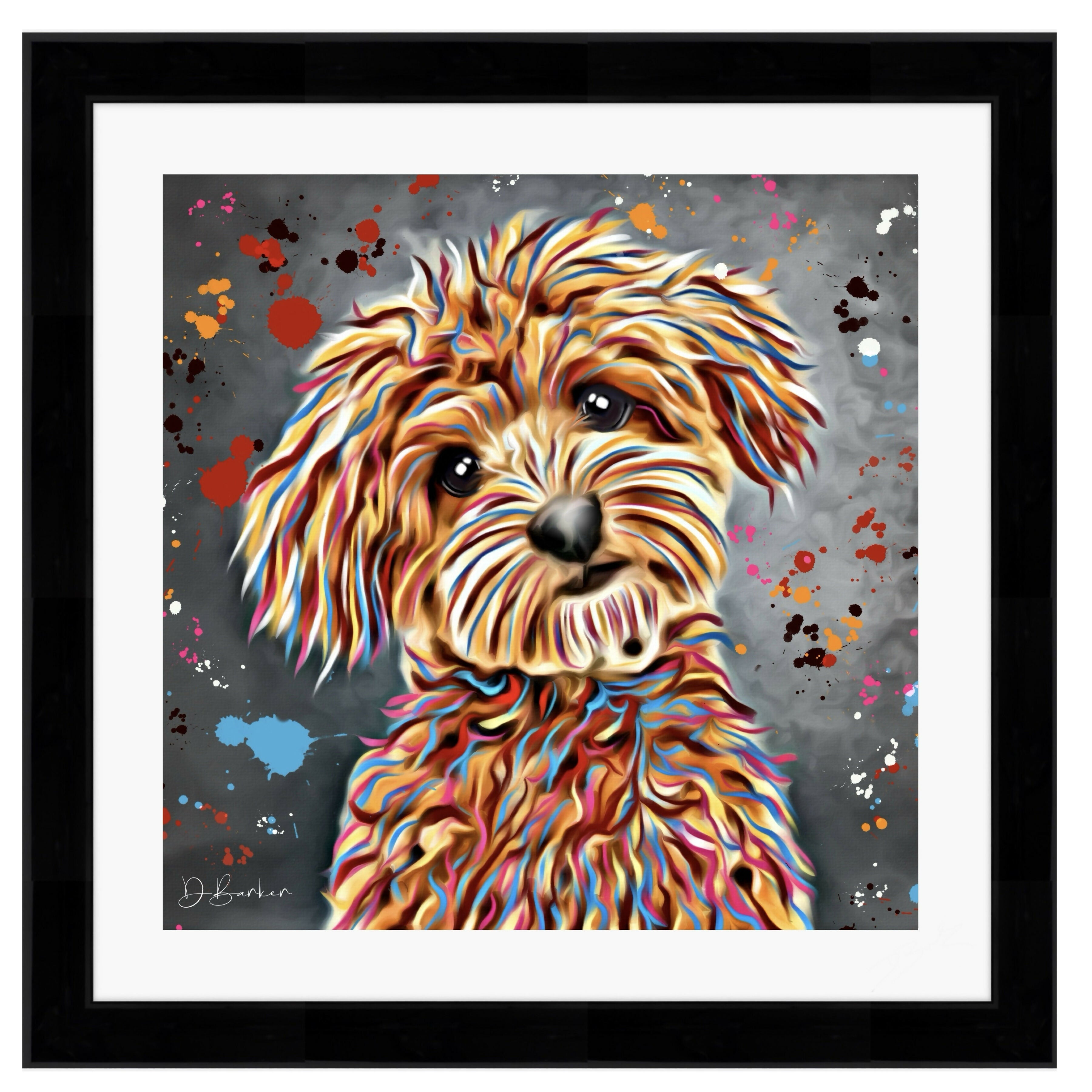 CAVAPOO COLOUR SPLASH FRAMED ARTWORK.