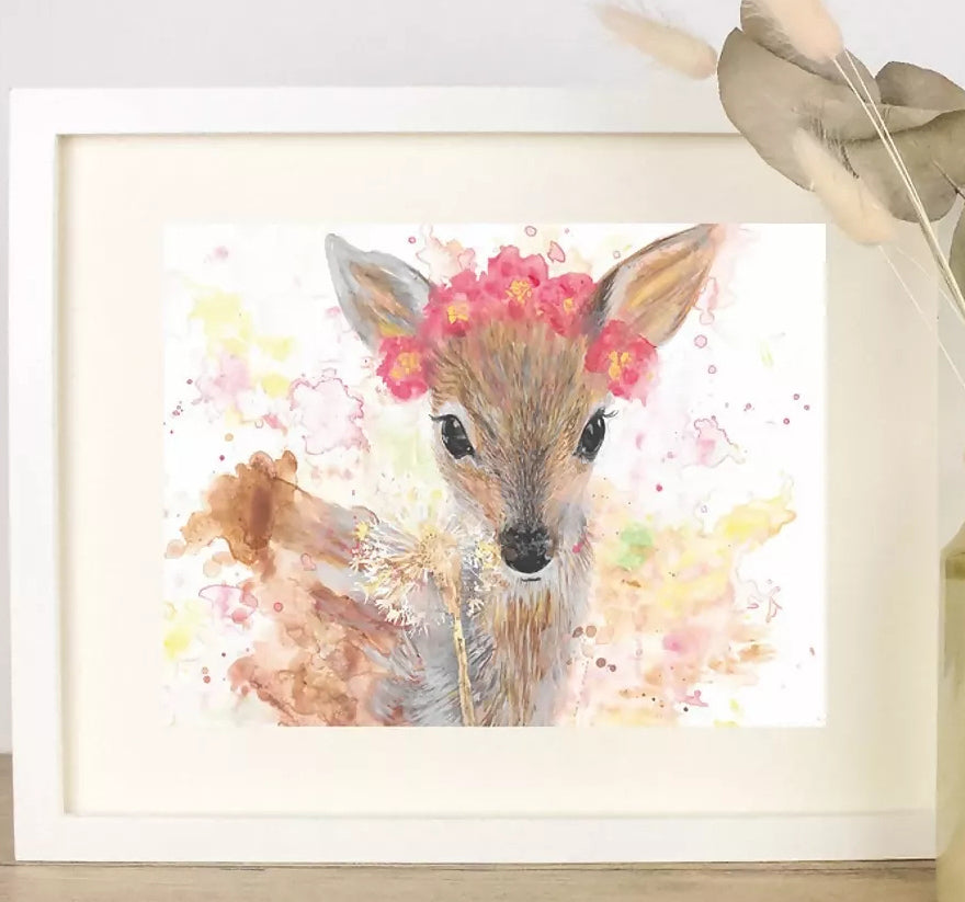 'Princess Of The Forest' Watercolour Deer Painting Print A4 Mounted