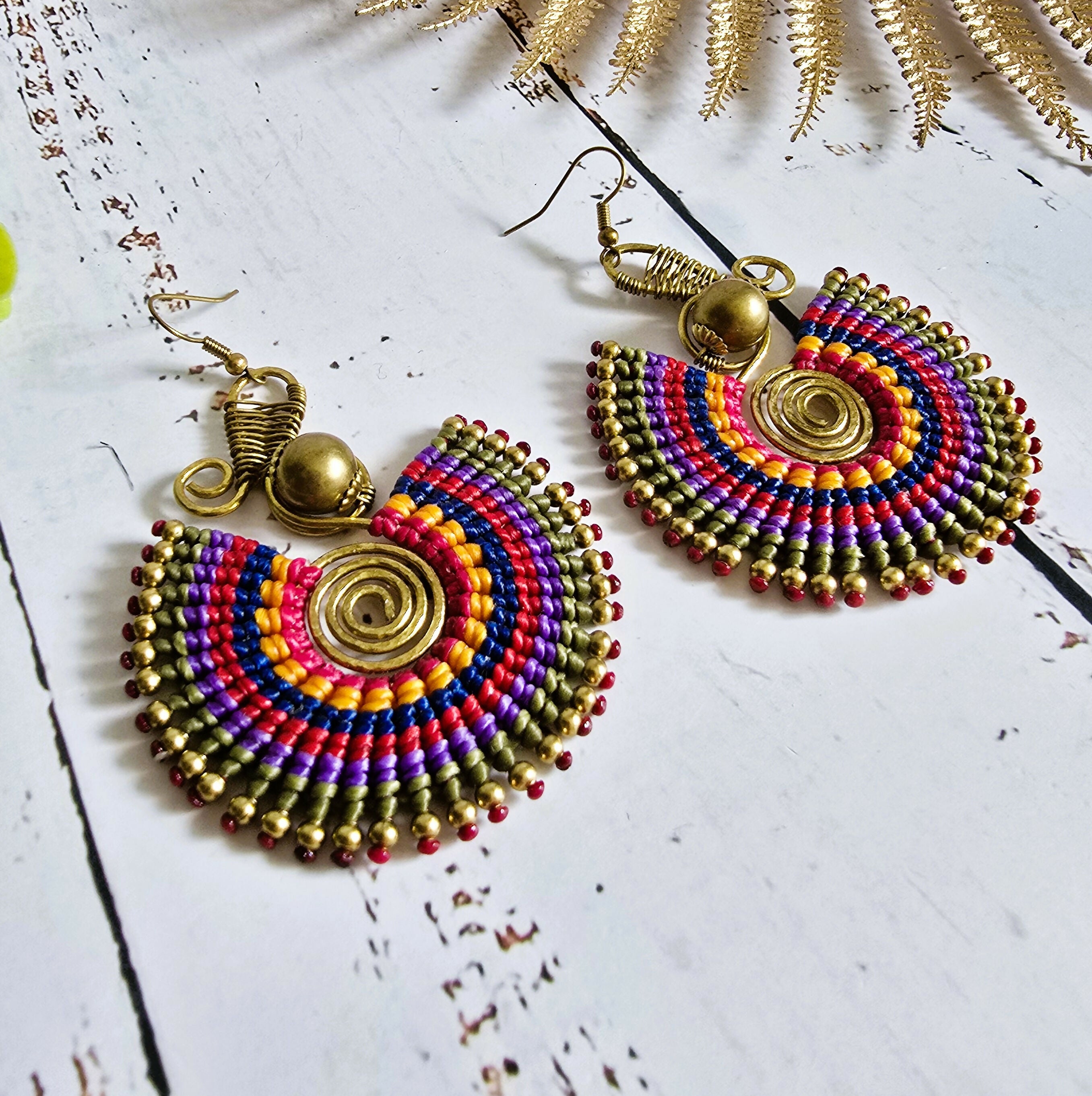 Rainbow Macrame Earrings: Gold Brass Spiral Boho Statement Earrings