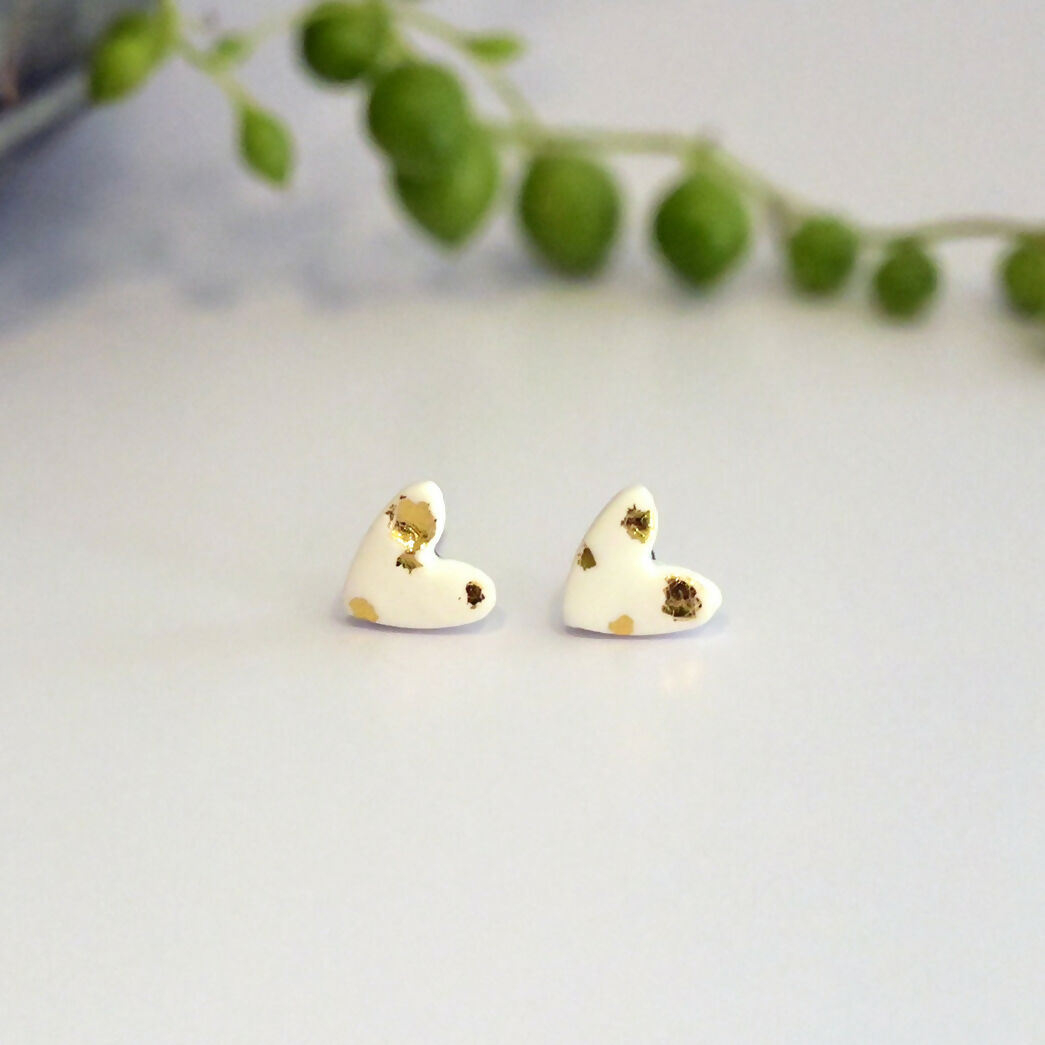 White and Gold Heart Stud Earrings - Handmade Polymer Clay - Polly Plant