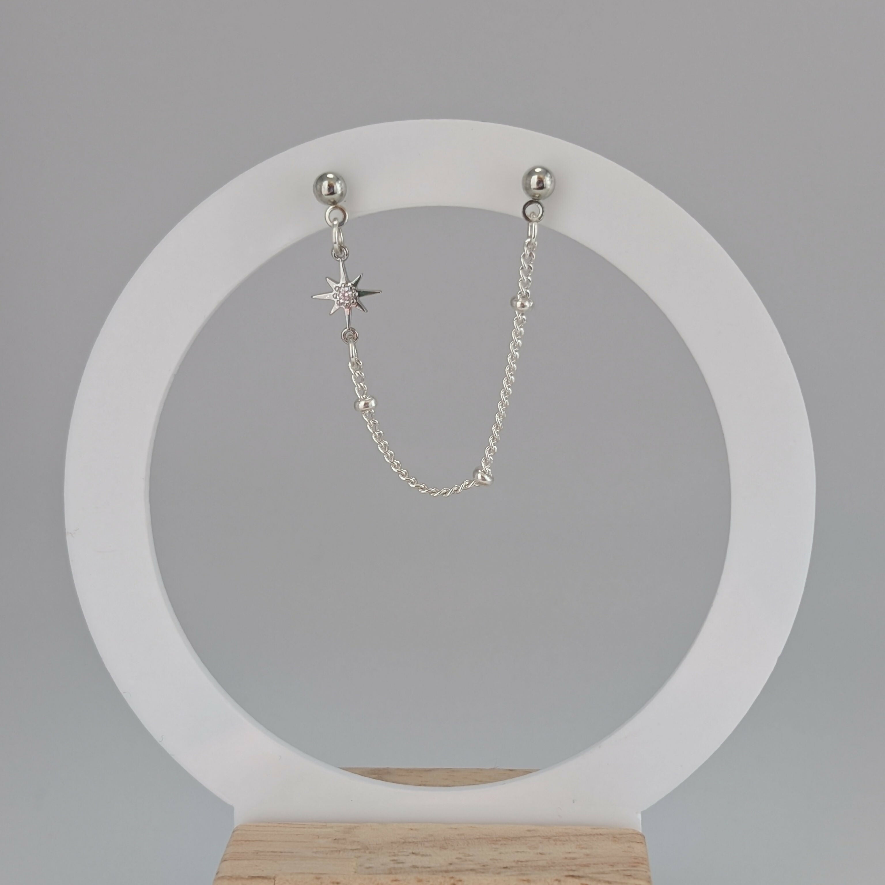 Tiny Star Cubic Zirconia Silver Double Chain Earrring on Silver Plated Ball Stud