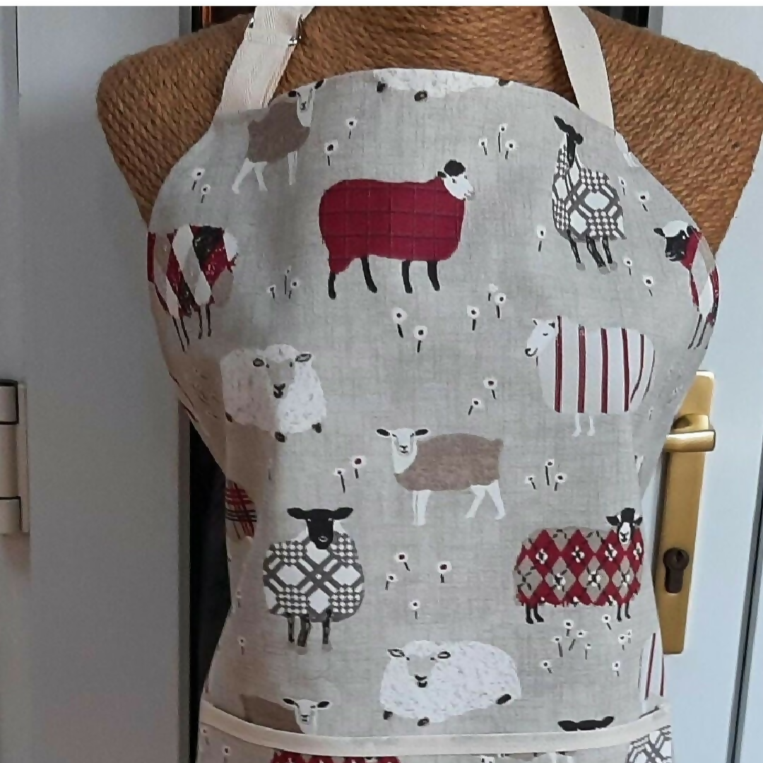Handmade Sheep Print Adult Apron, Adjustable Neck