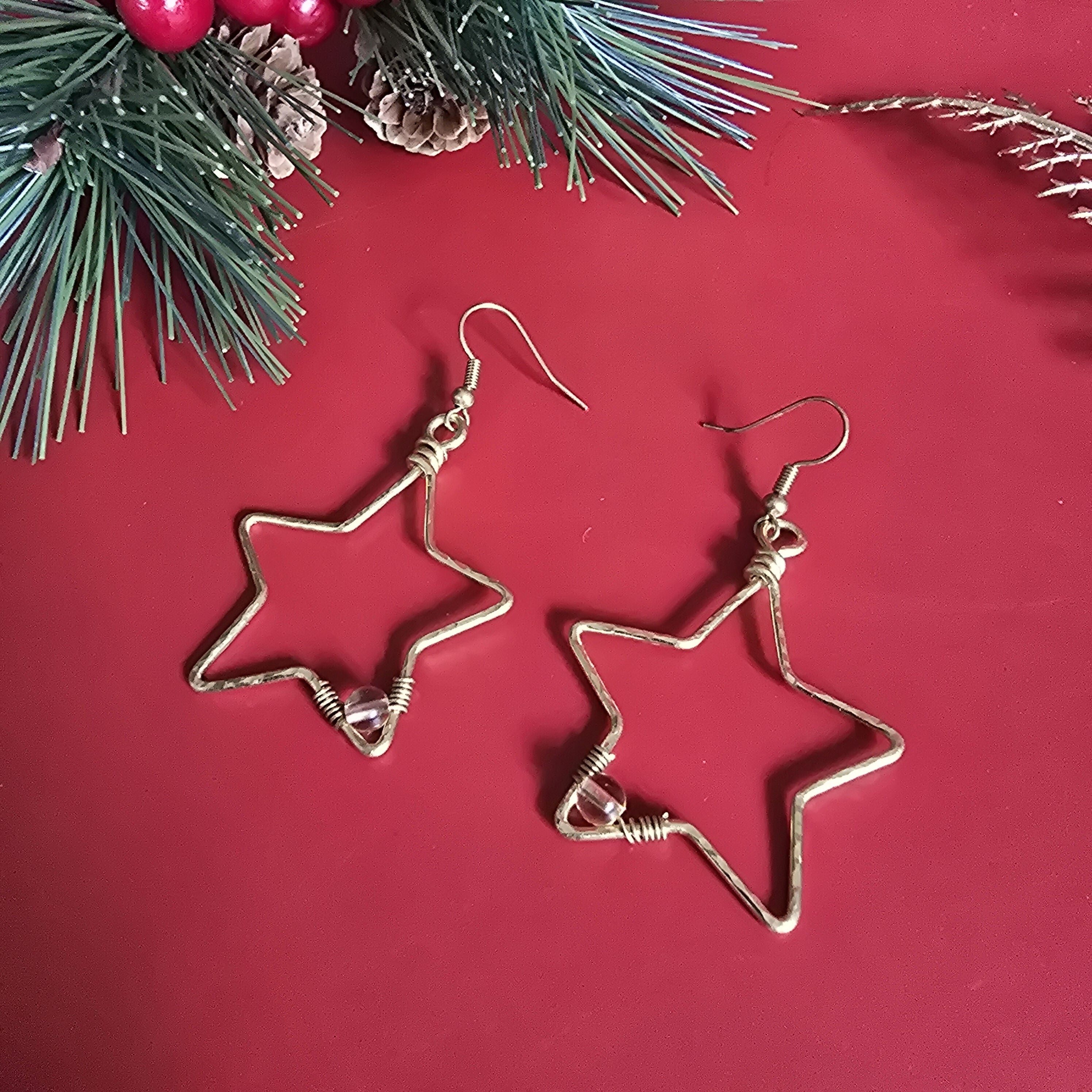 Christmas Gold Star Earrings; Citrine Crystal Celestial Festive Brass Wire Handmade Artisanal Earrings