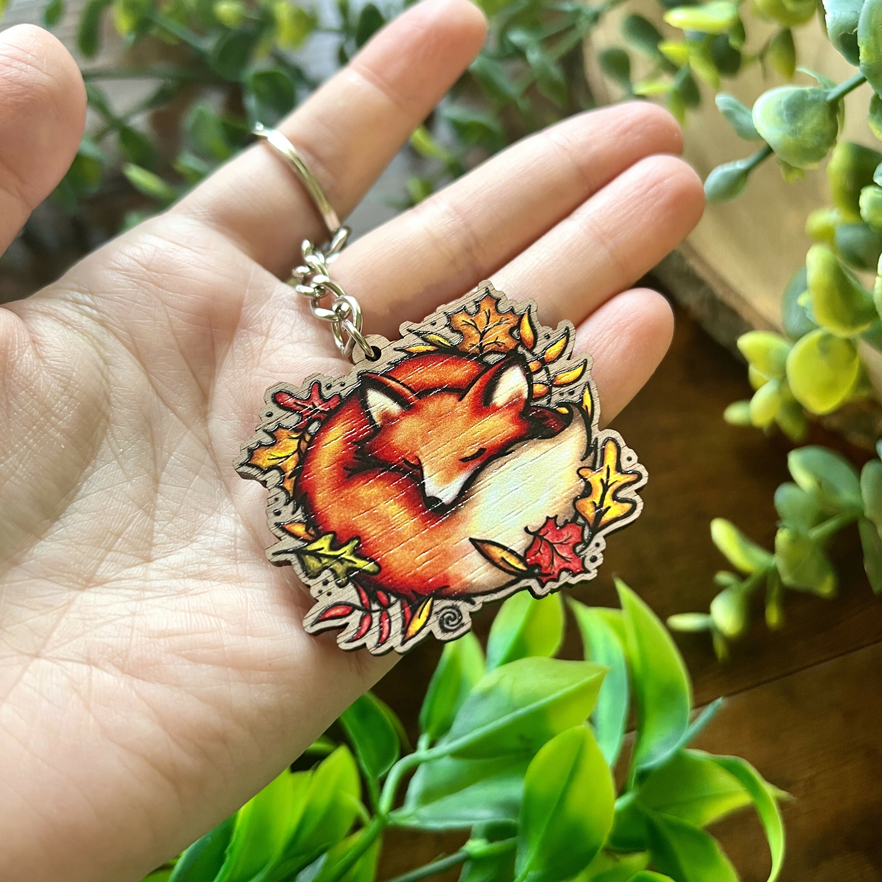 Sleeping Fox Wooden Keyring