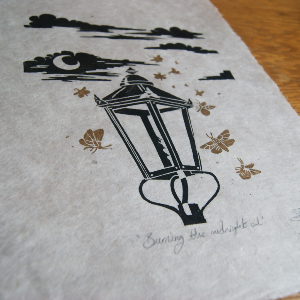 BURNING THE MIDNIGHT OIL LINO PRINT