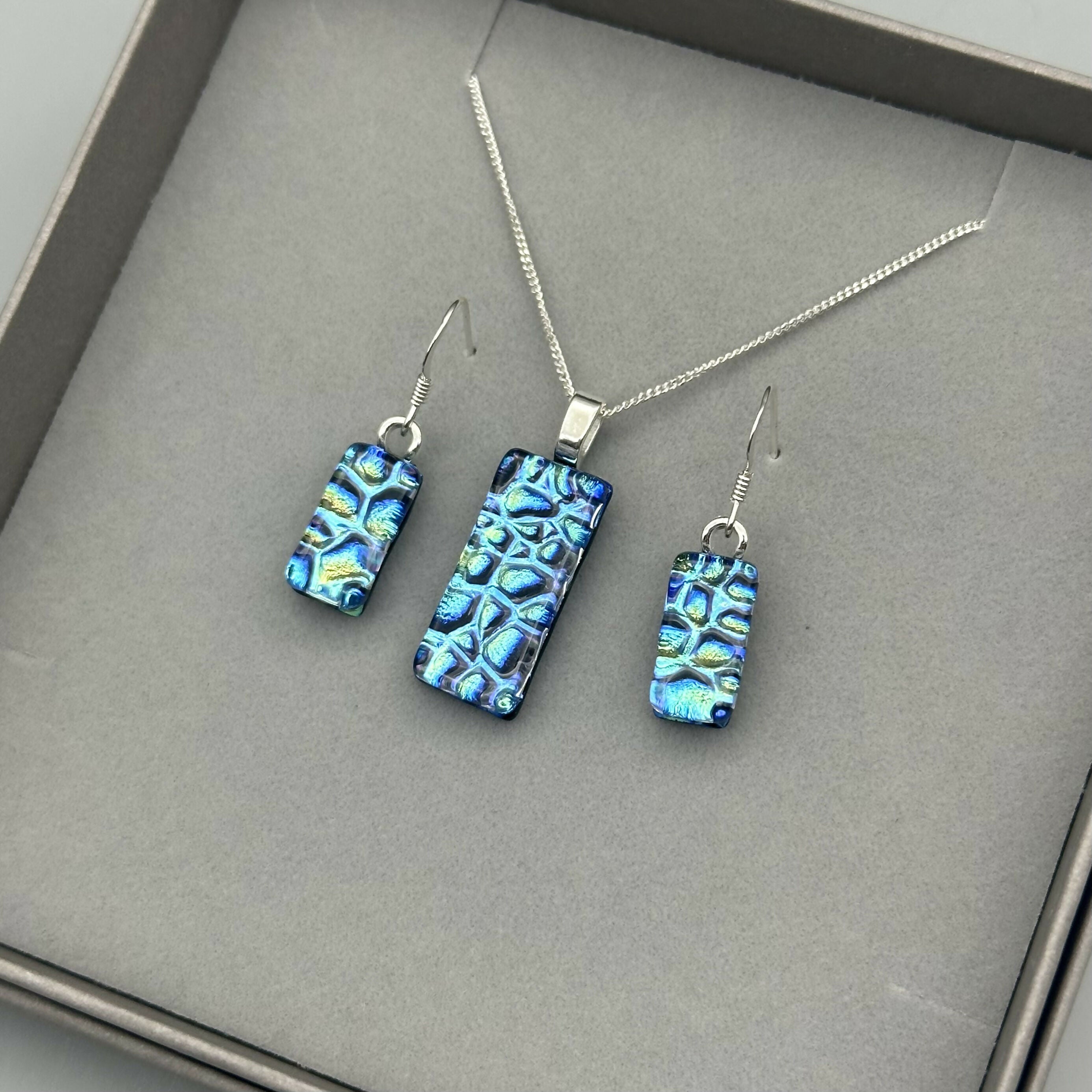 Green & Blue Raindrop Dichroic Glass Necklace and Earrings Set - Sterling Silver, Handmade by Jade Tapson Glass