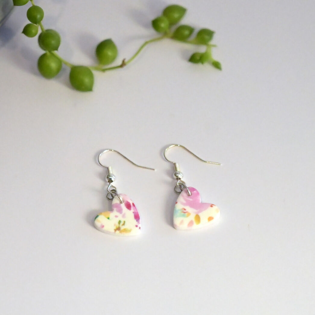 Pink Floral Heart Dangle Earrings - Handmade Polymer Clay - Polly Plant