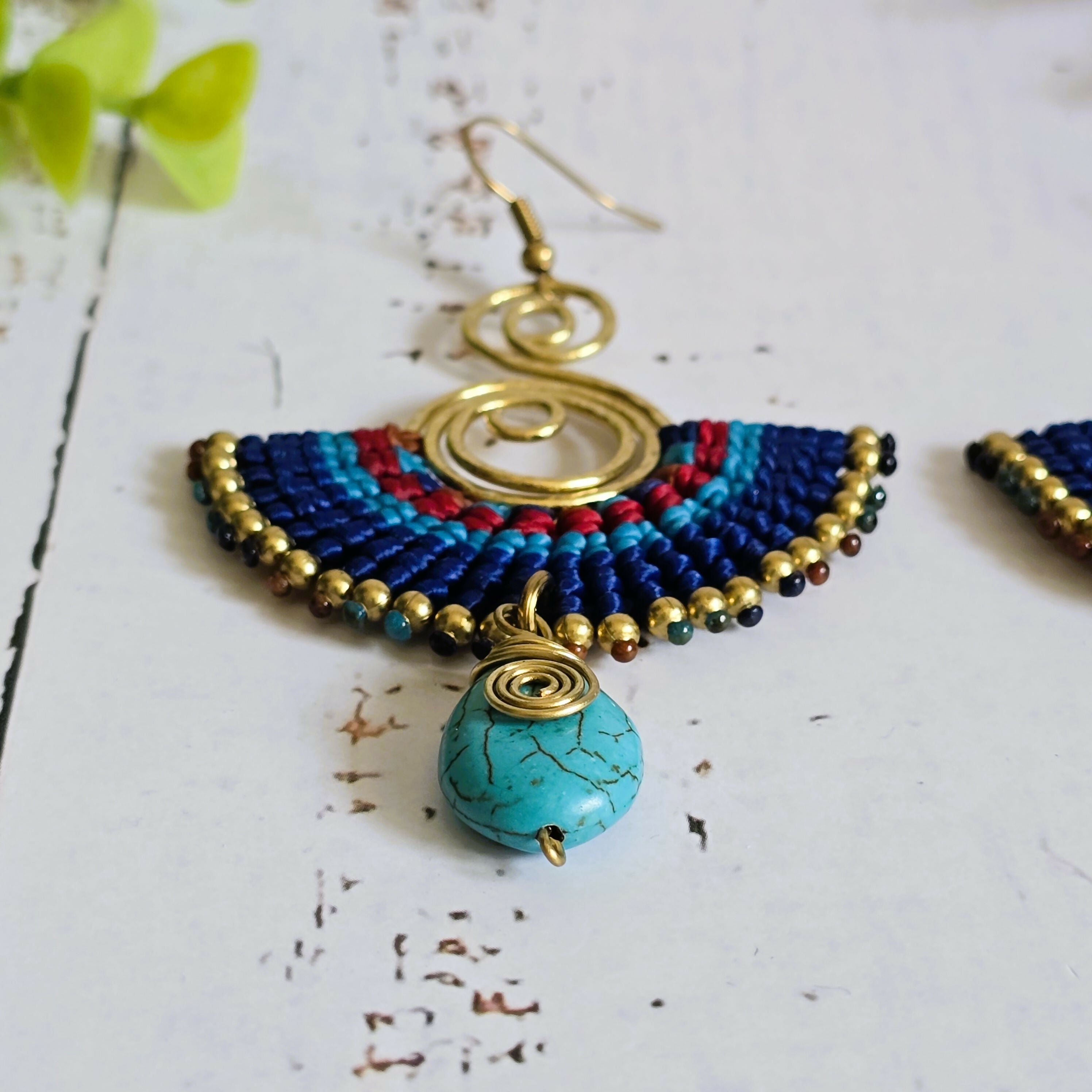 Turquoise Crystal Macramé Earrings; Blue Boho Earrings With Gold Spiral Wire Art