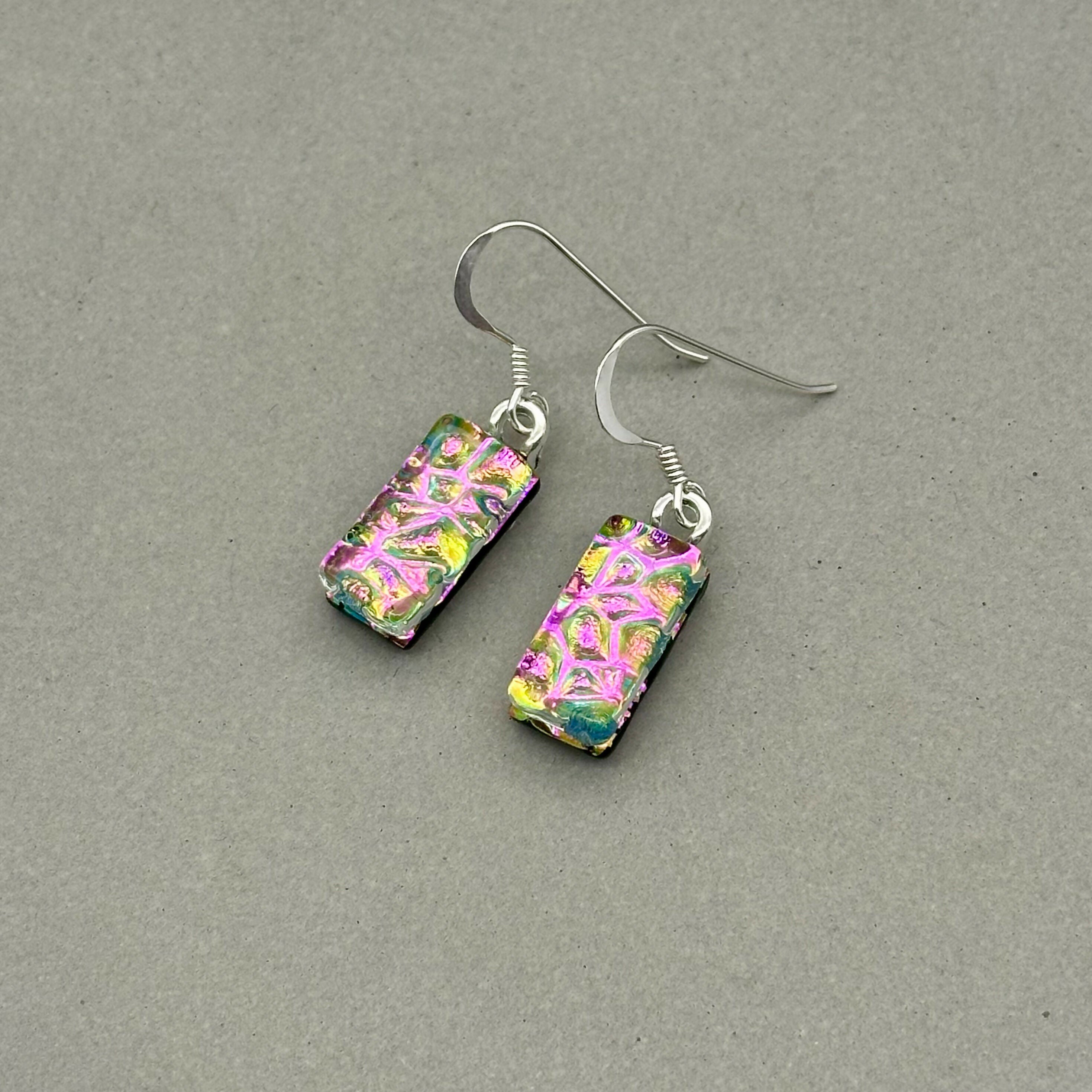Pink Raindrop Dichroic Fused Glass Dangle Sterling Silver Earrings - Handmade by Jade Tapson Glass.