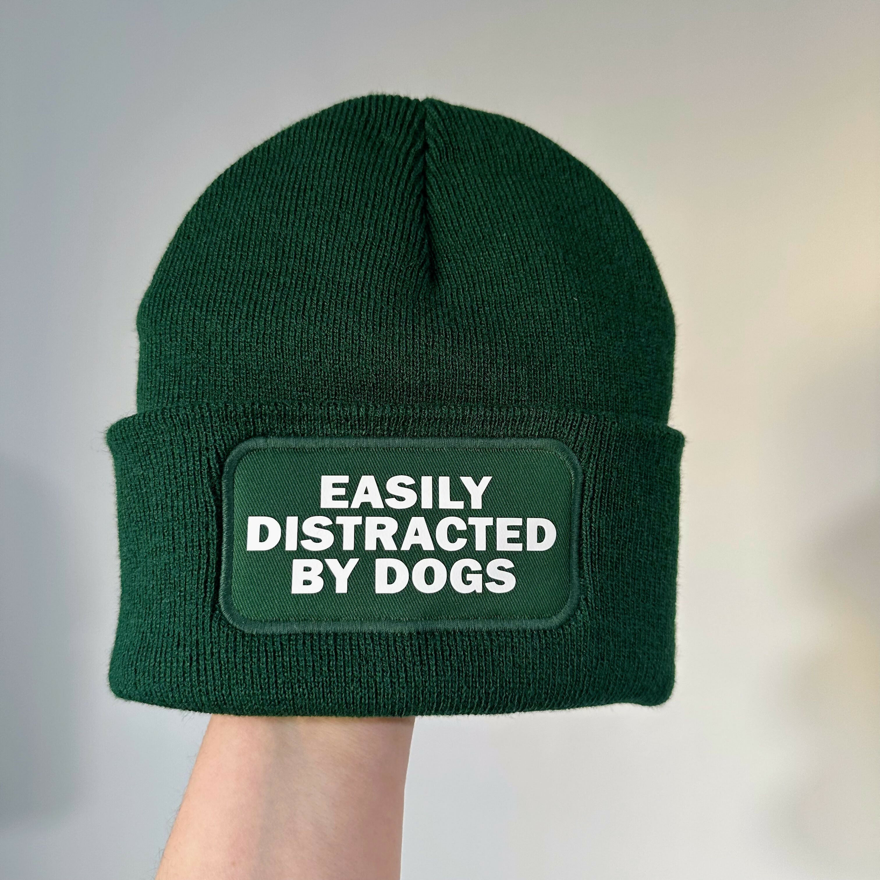 Easily Distracted By Dogs Cuffed Rectangular Patch Beanie Hat