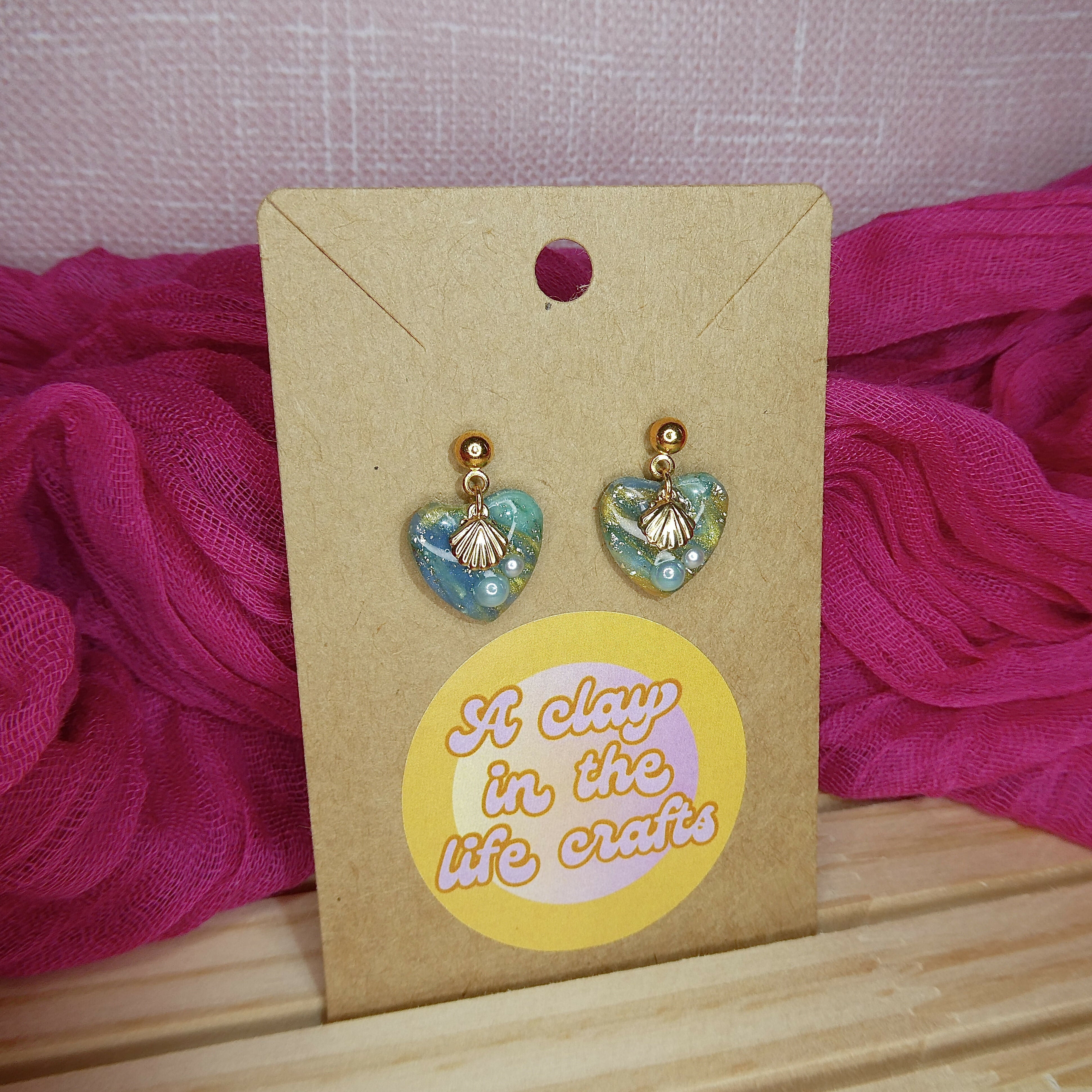 Tiny Mermaid Mosaic Heart Polymer Clay Earrings With Gold Shell And Pearl Detail