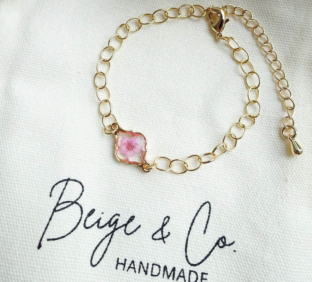 Real Pressed Flower Gold Bracelet - Pink