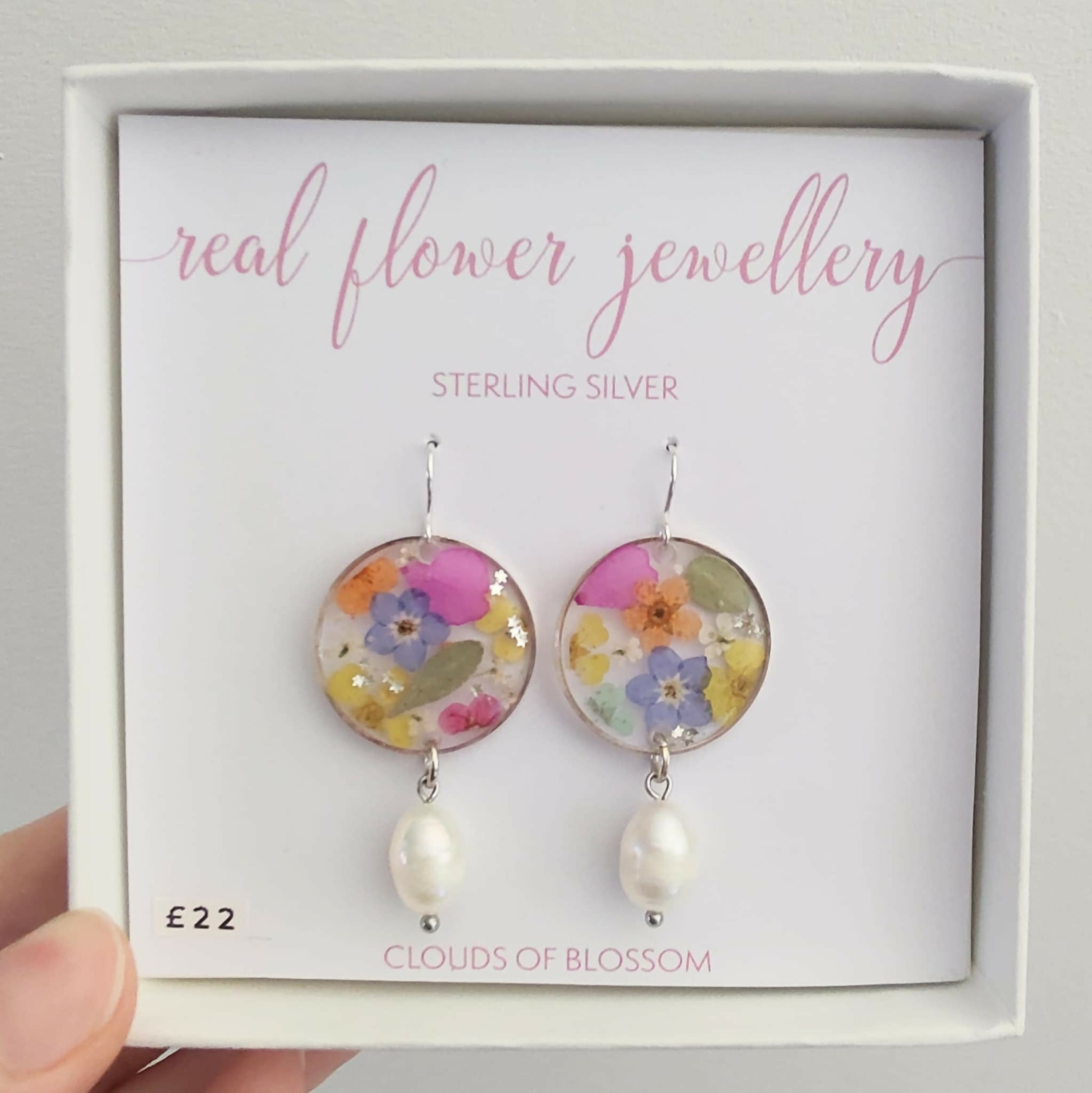 Real Flower Colourful Fresh Water Pearl Long Dangle Earrings Sterling Silver