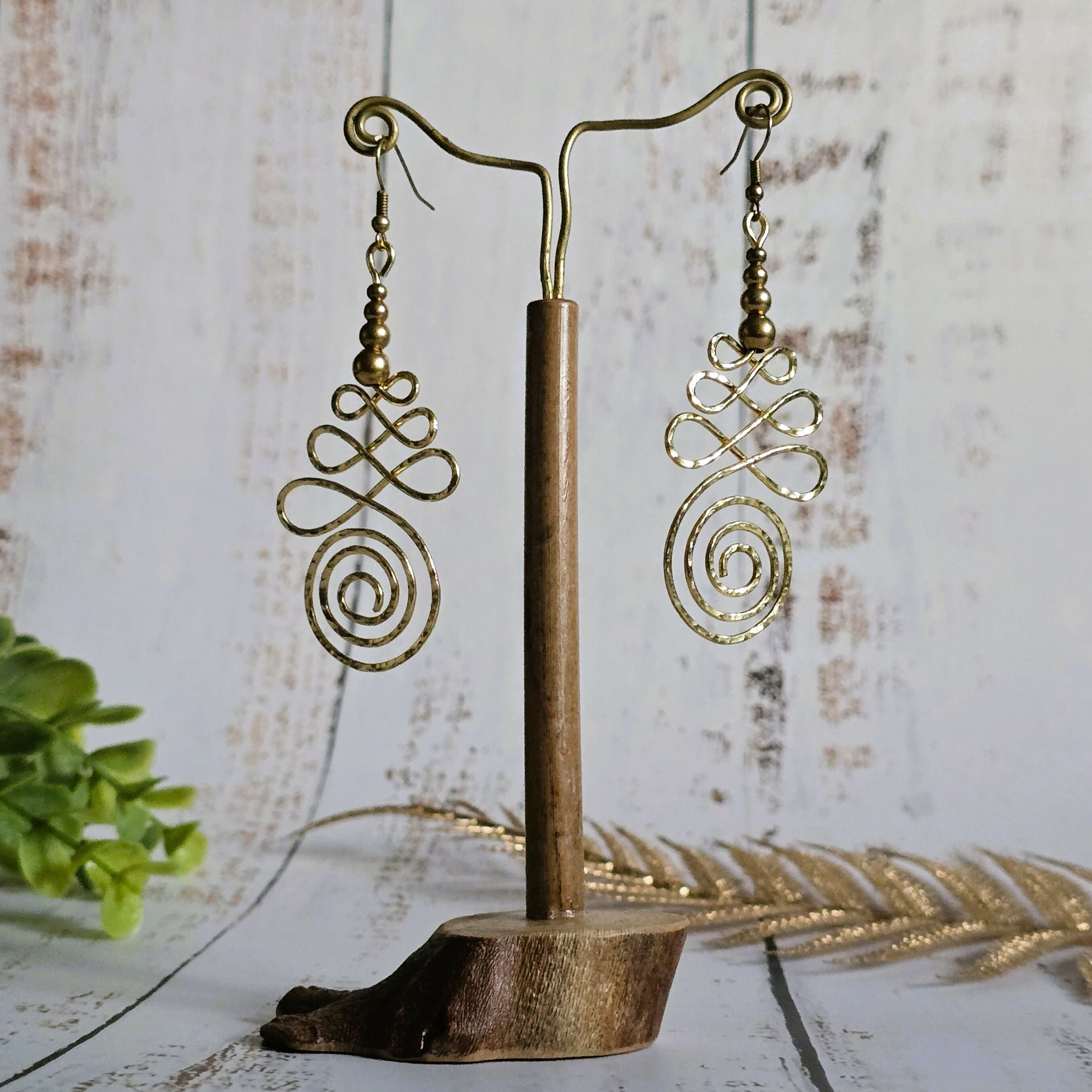Gold Unalome Earrings; Hand Sculpted Brass Wire Spiral Buddhist Boho Thai Earrings