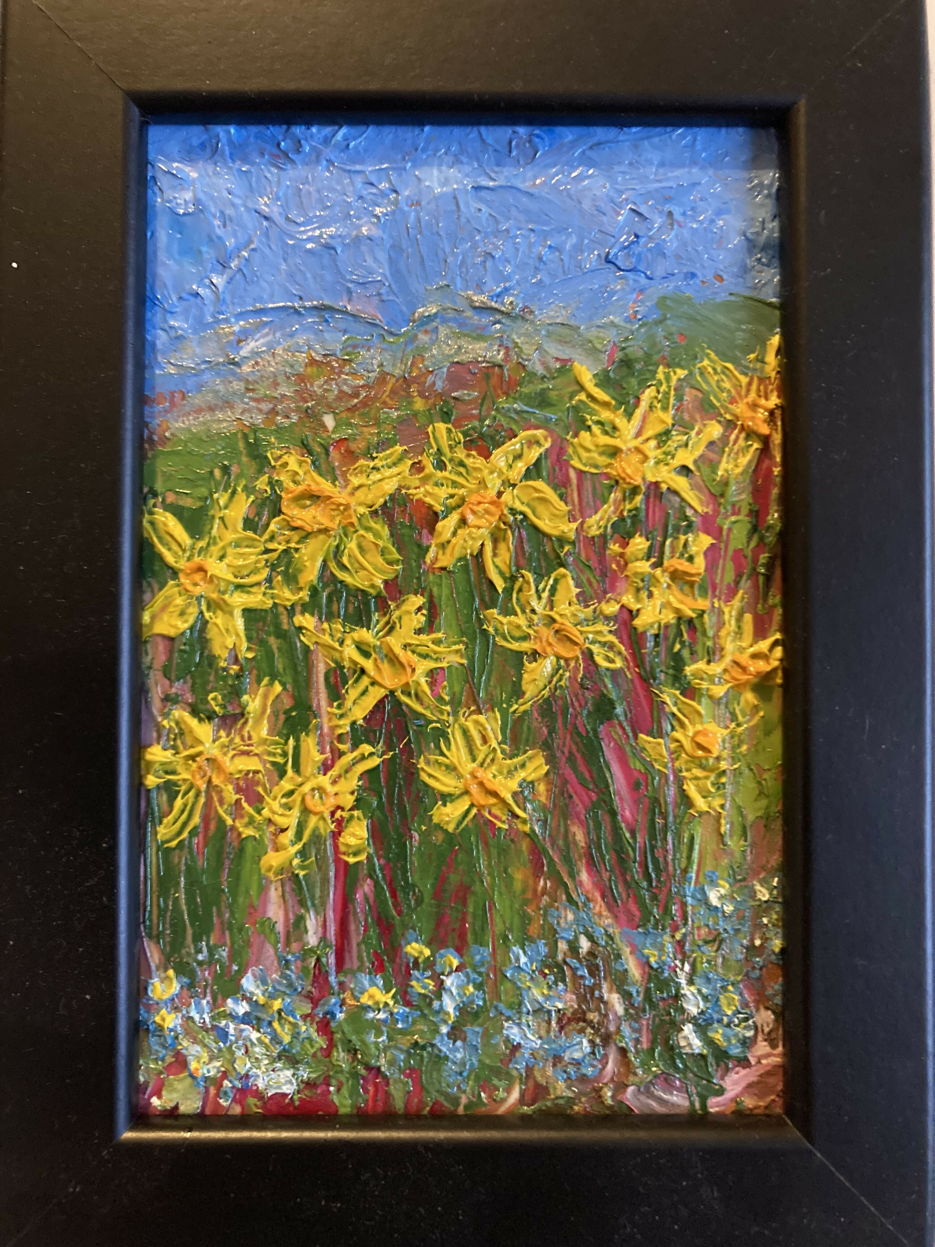 Copy of Daffodils & Forget Me Nots - Black Framed Oil Painting On Wood