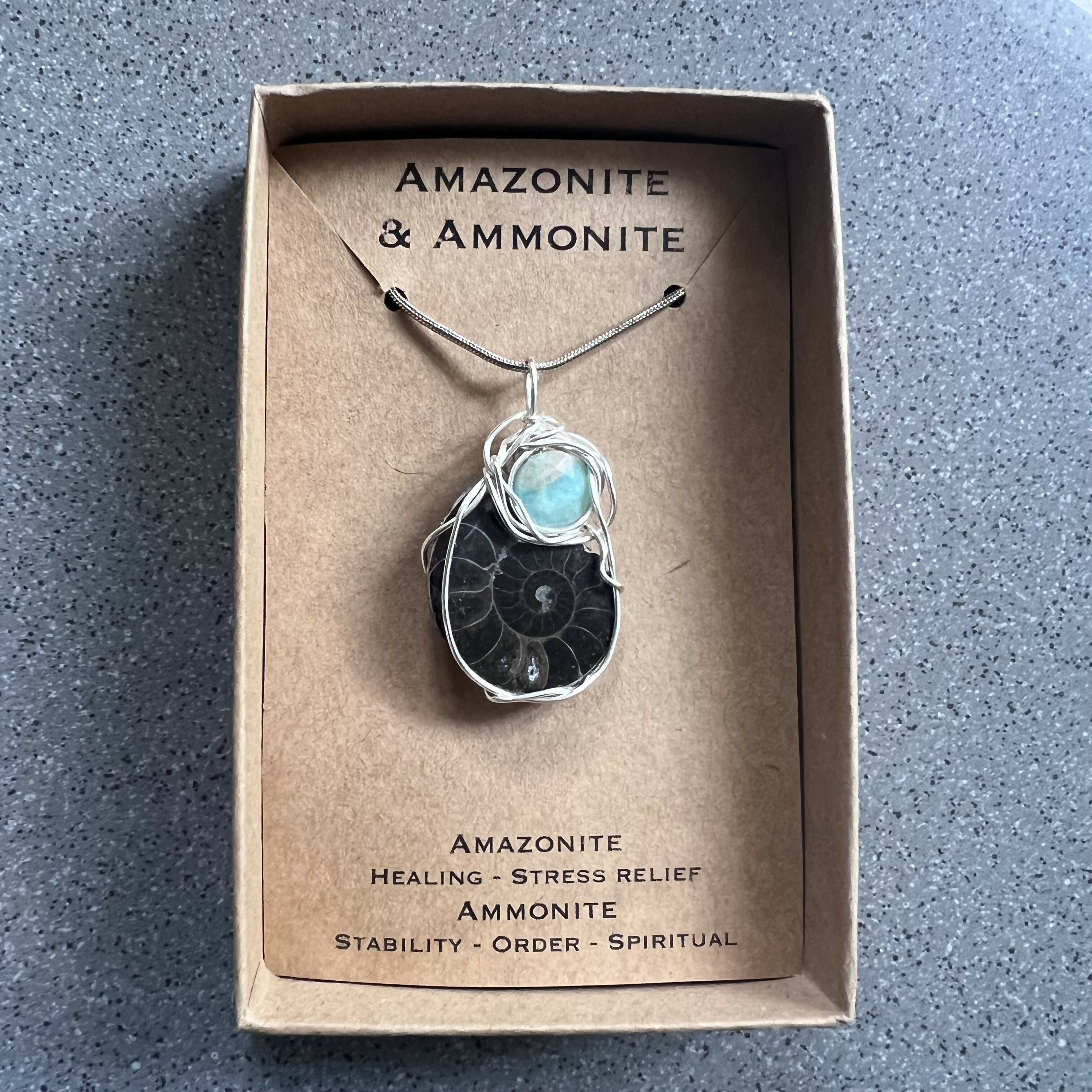 Amazonite and Ammonite Wire Wrapped Pendant