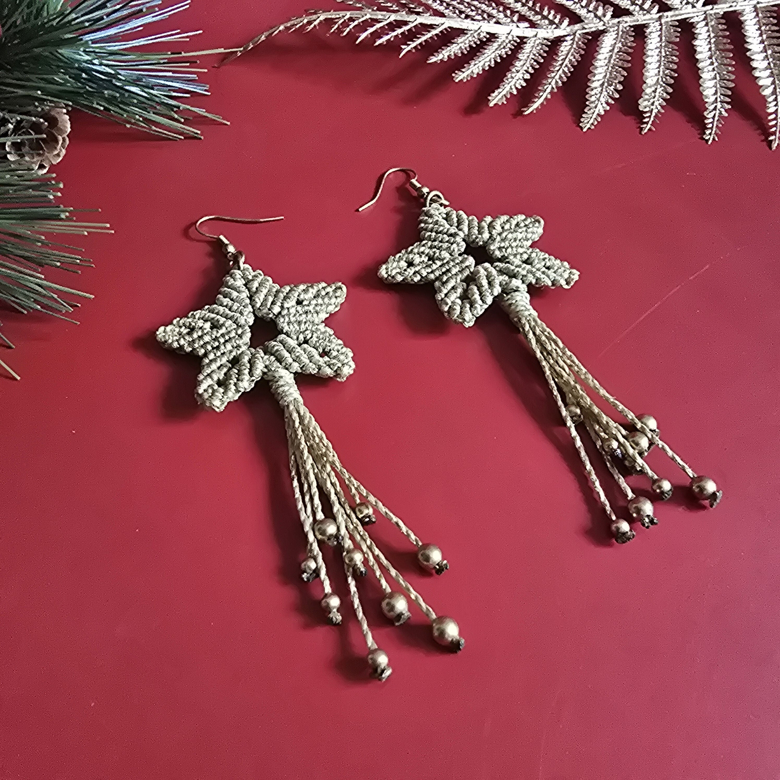 Christmas Shooting Star Earrings; Macrame Gold Sparkly Knotted Cord Festive Handmade Earrings