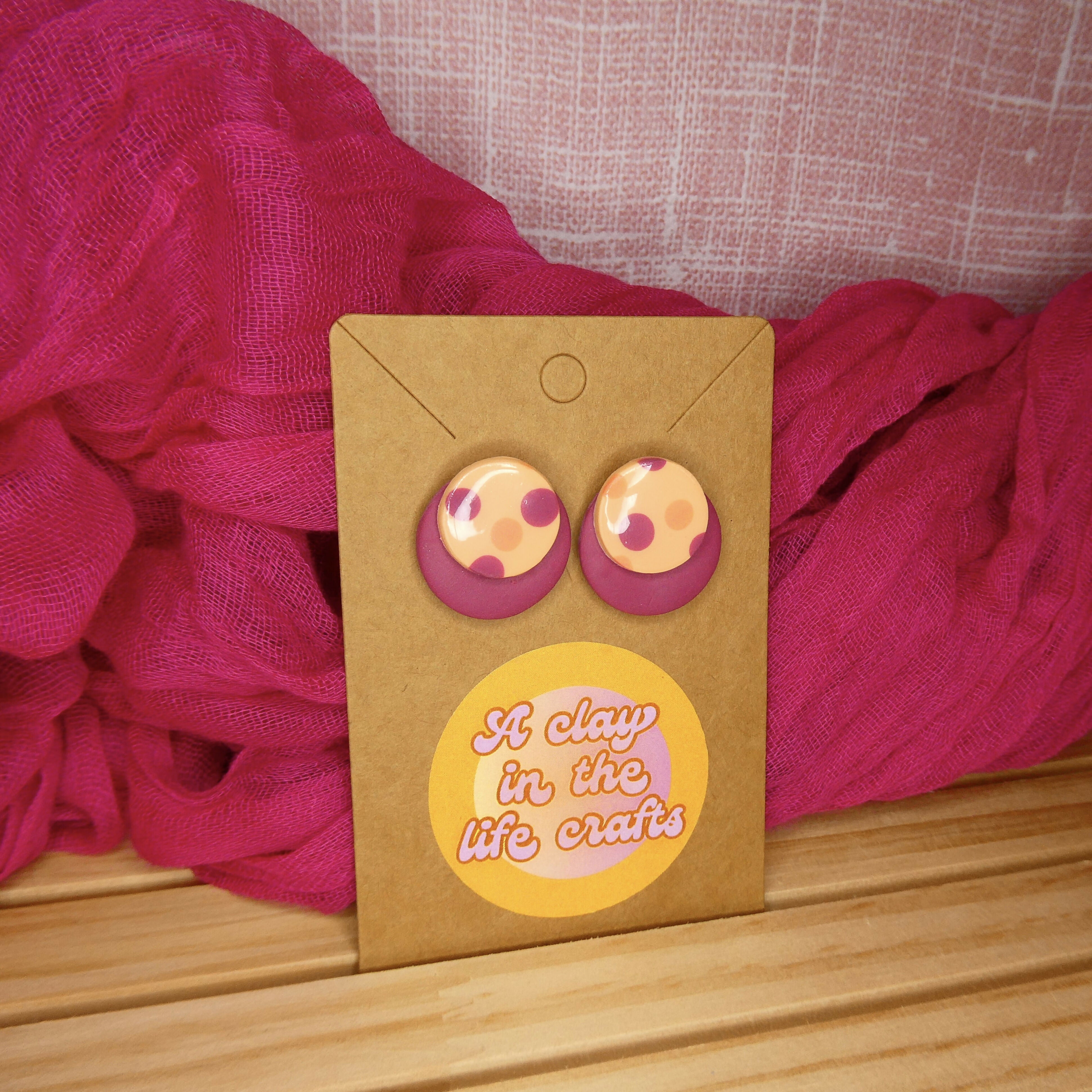 Pink And Cream Polka Dot Circle Stud Polymer Clay Earrings