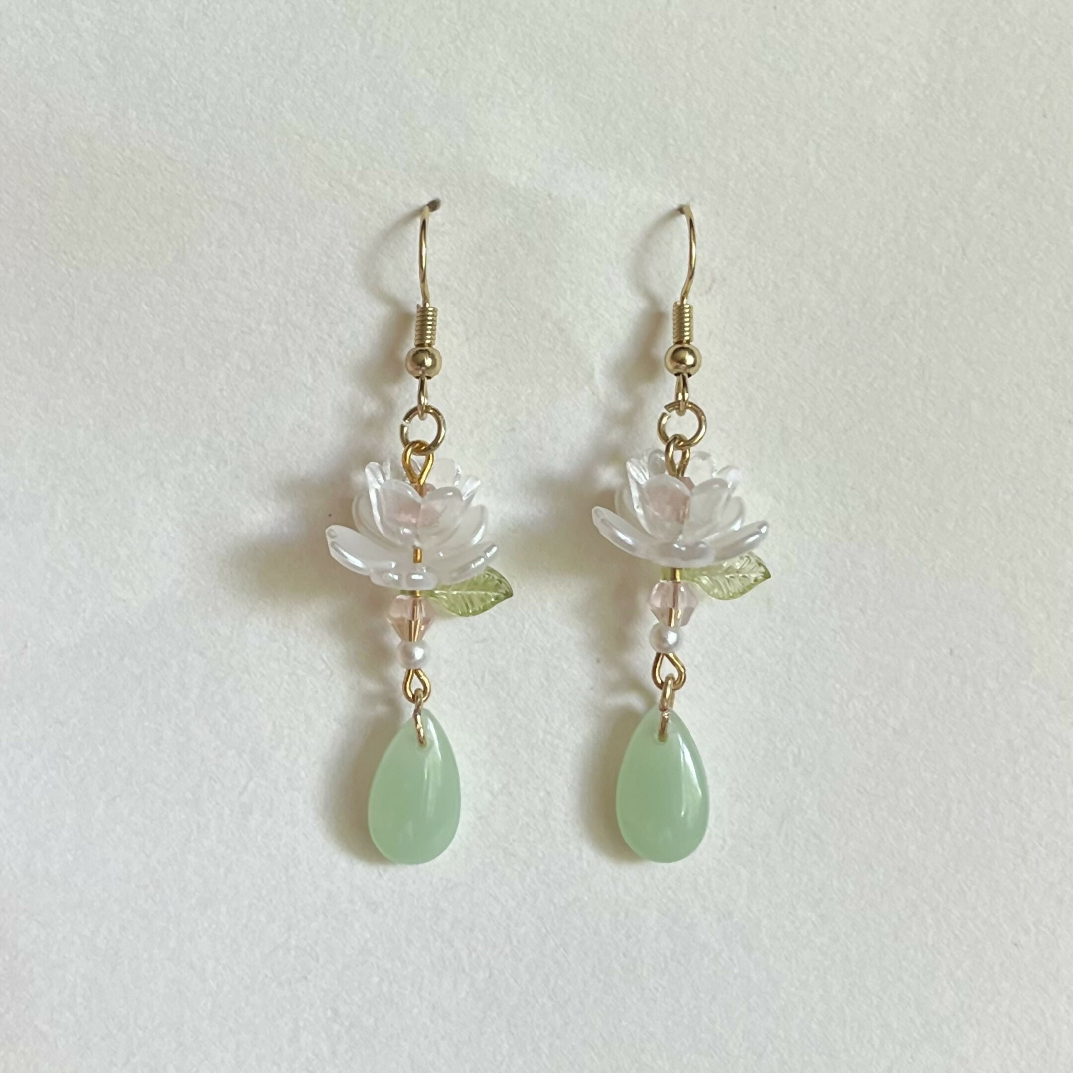White Lotus Flower Earrings With Green Teardrop Gold