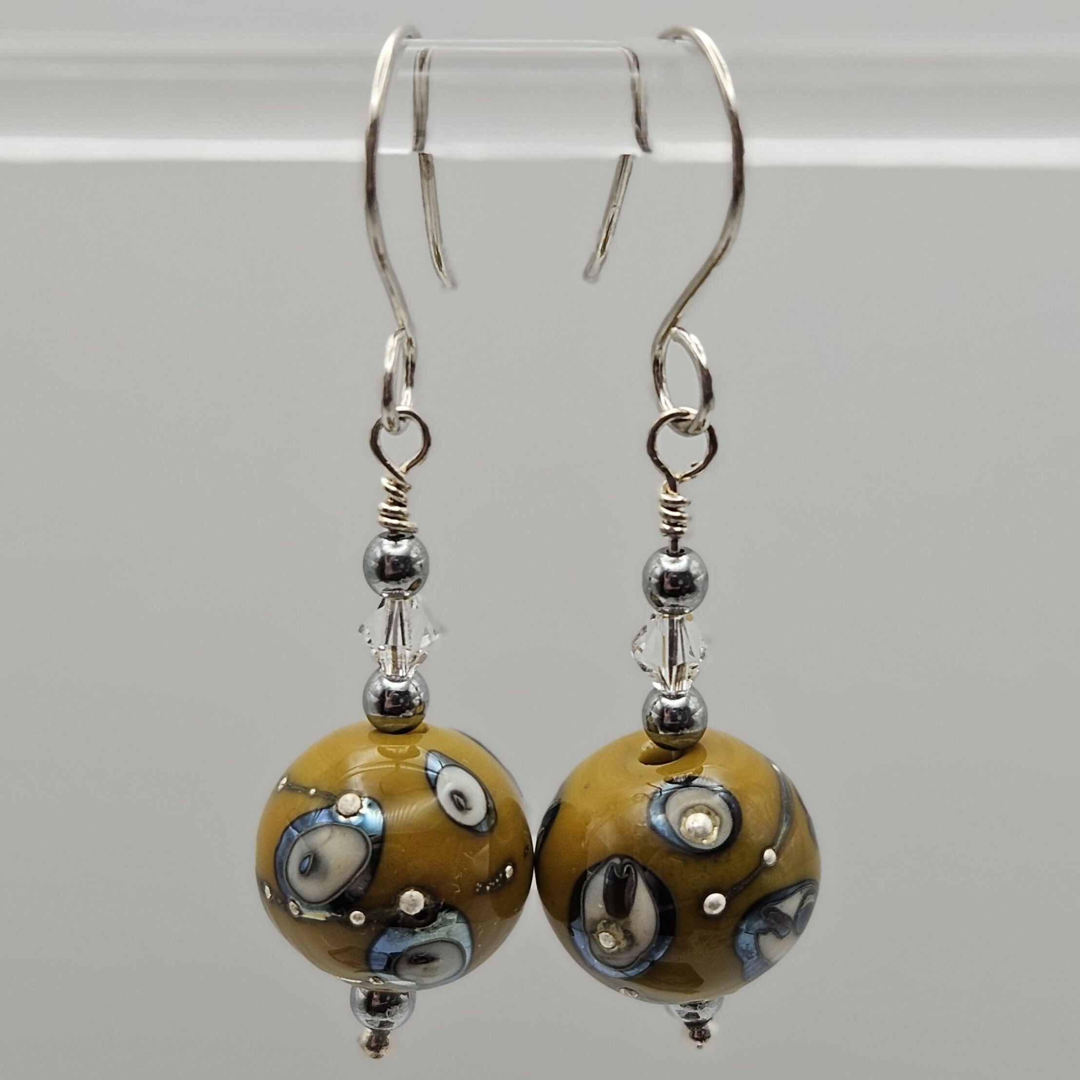 HAND LAMPWORKED GLASS SPHERE EARRINGS, WITH STERLING SILVER AND SWAROVSKI CRYSTALS.