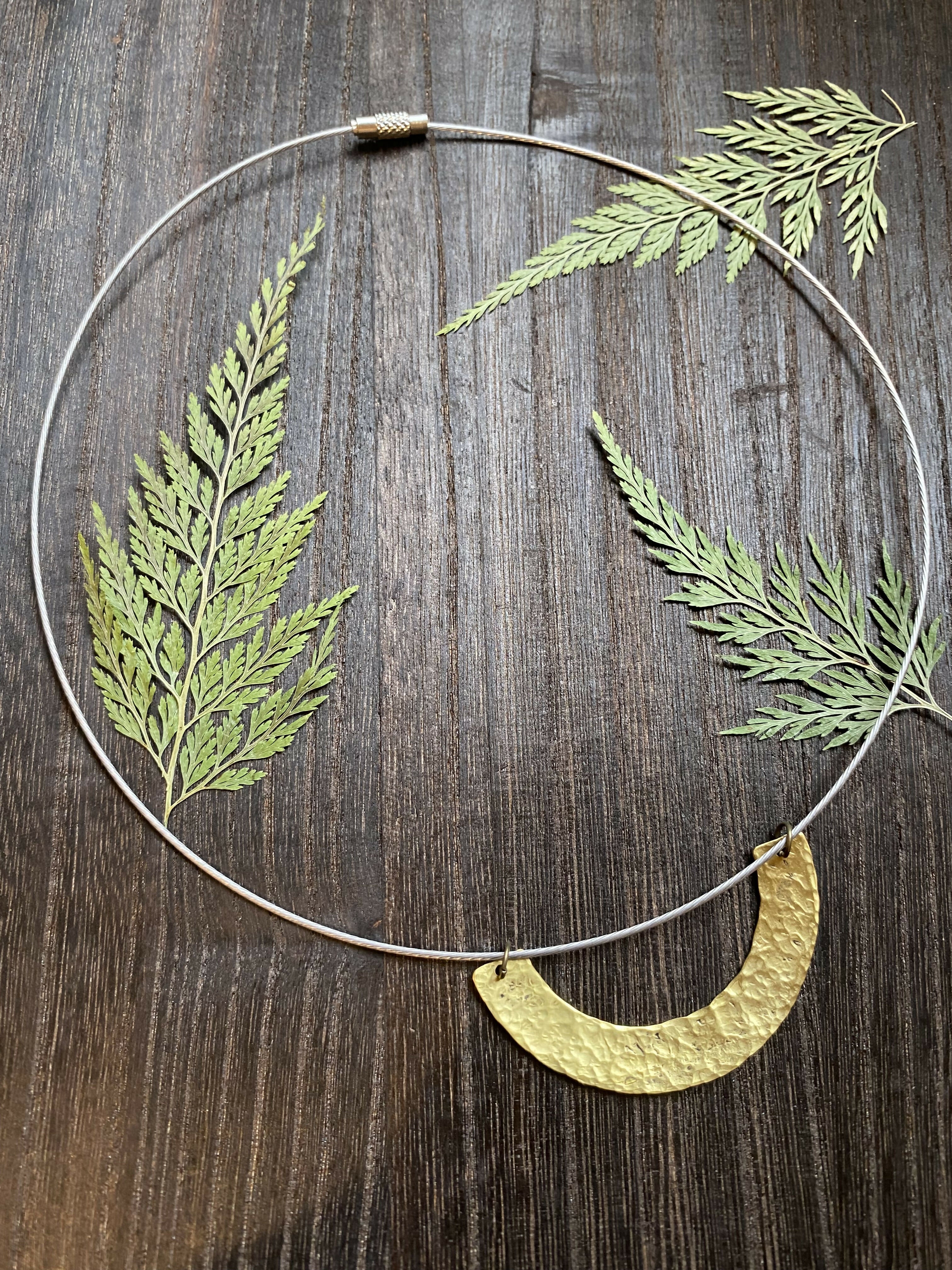 BRASS HAMMERED PENDANT ON STAINLESS STEEL CHOKER