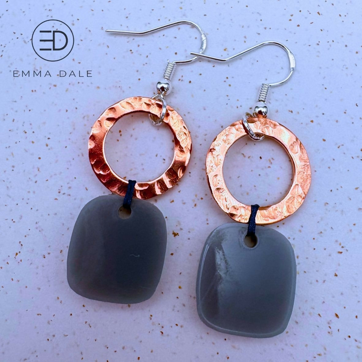 Grey Acrylic & Hand-Hammered Copper Earrings