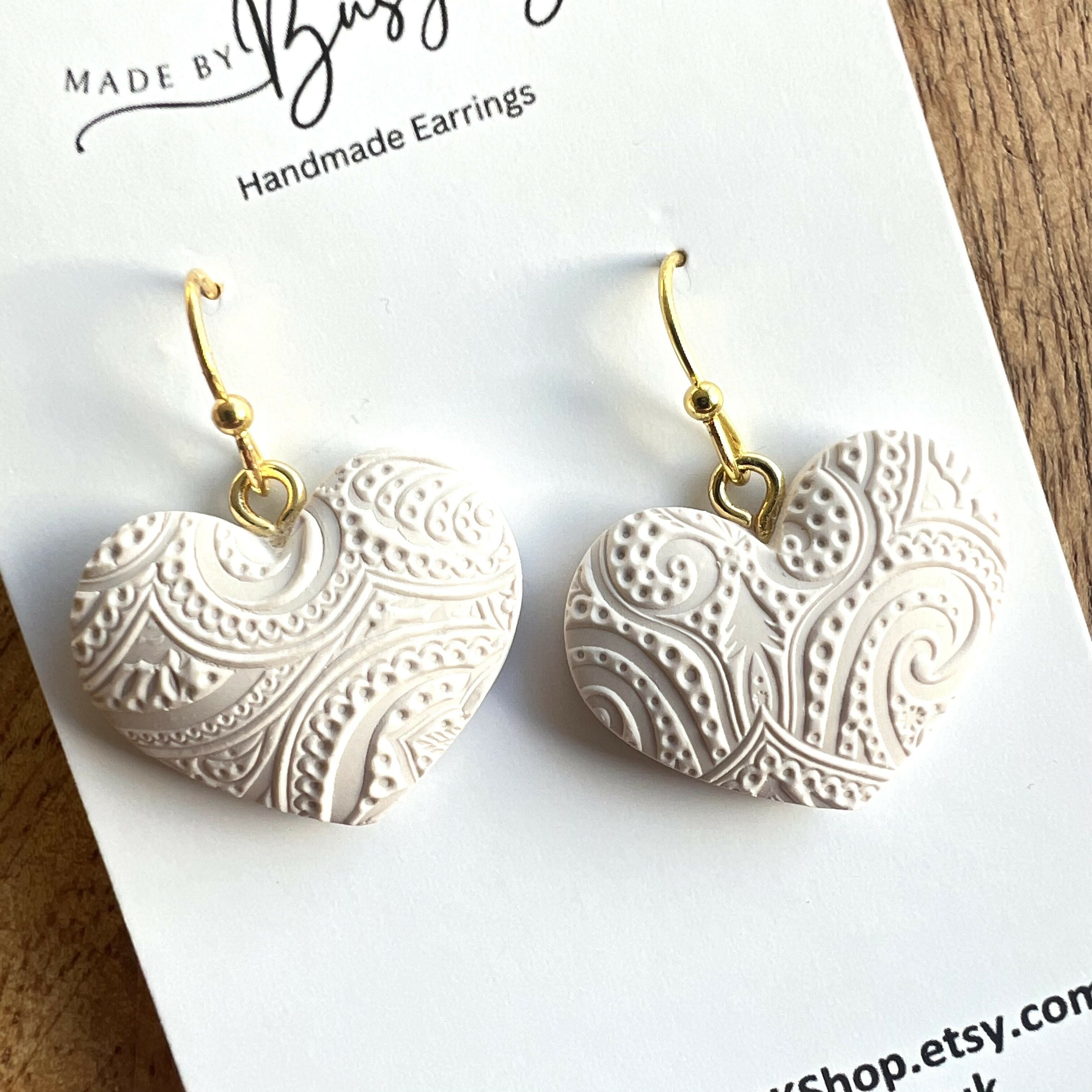 Heart Dangle Earrings – Polymer Clay Textured Earrings, Dainty Earrings, Handmade Clay Jewellery