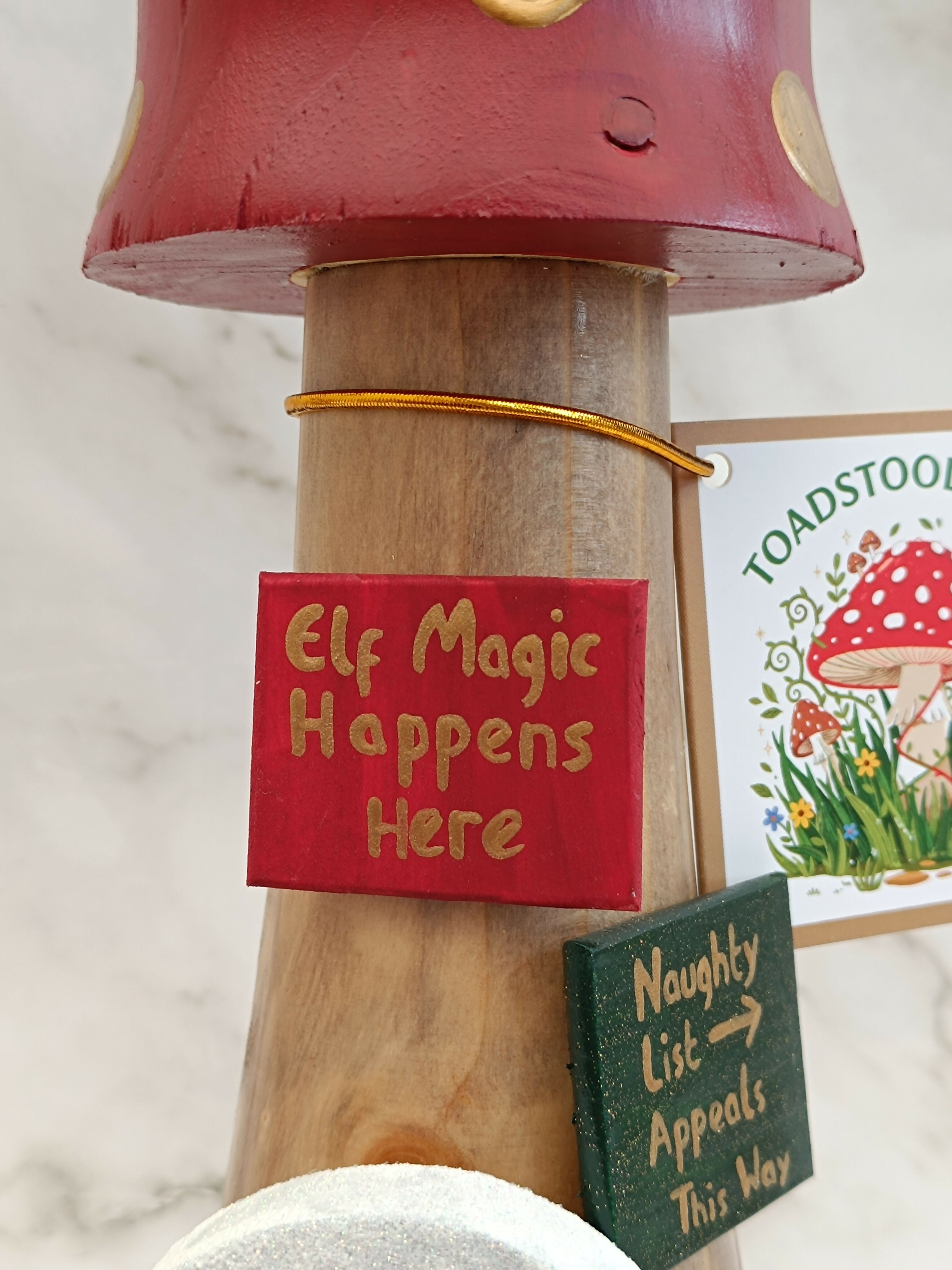 30cm Red Handmade, Free Standing Painted Wooden Fluted Topped Toadstool Elf House - Whimsical Woodland Ornament & Holiday Keepsake