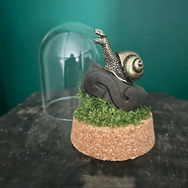 Lovely Glass Dome Featuring A Brass Snail Crawling Over A Antique Letter S Printing Block