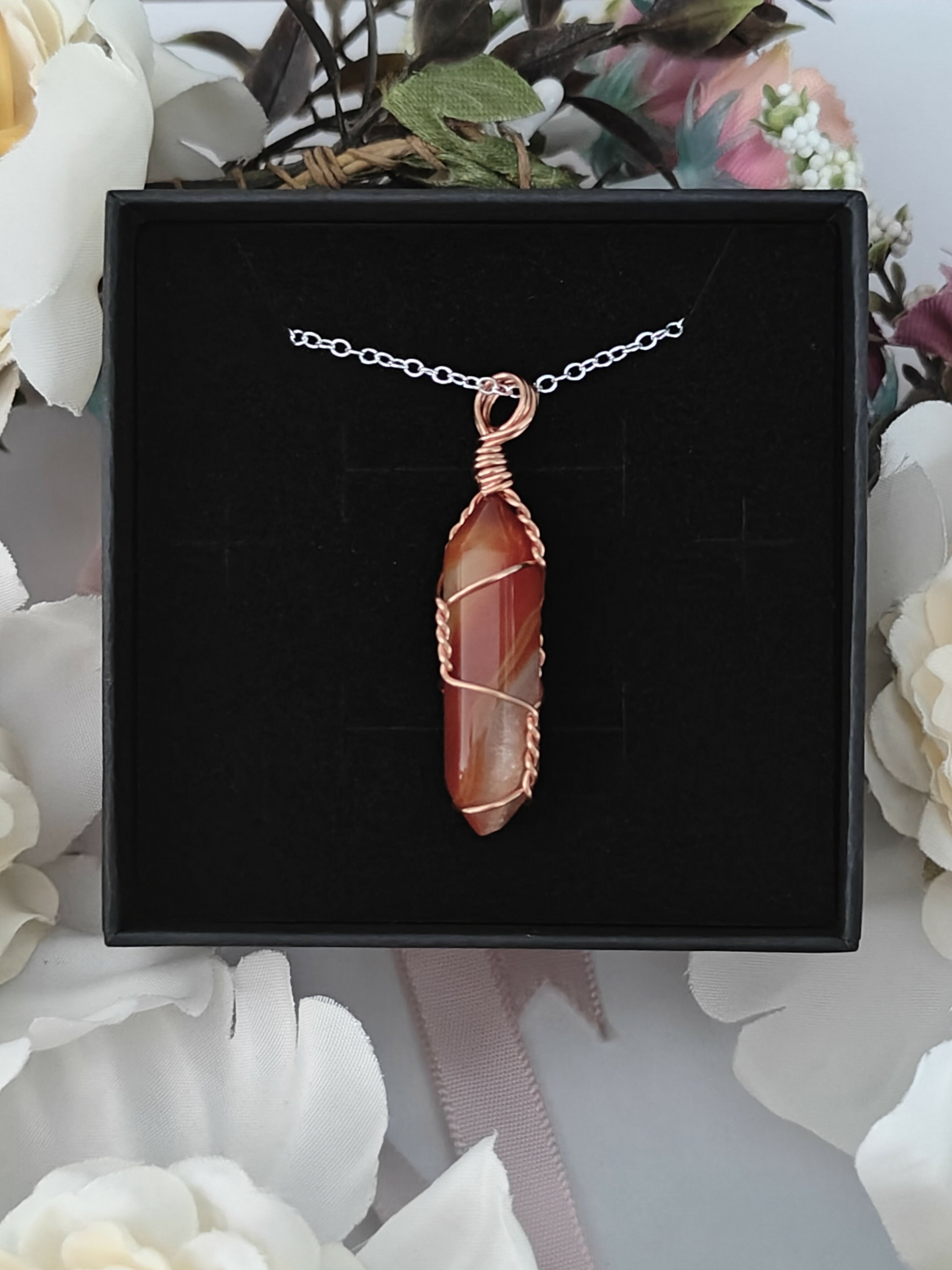 Carnelian Wire Wrapped Crystal Point Necklace on Sterling Silver Chain