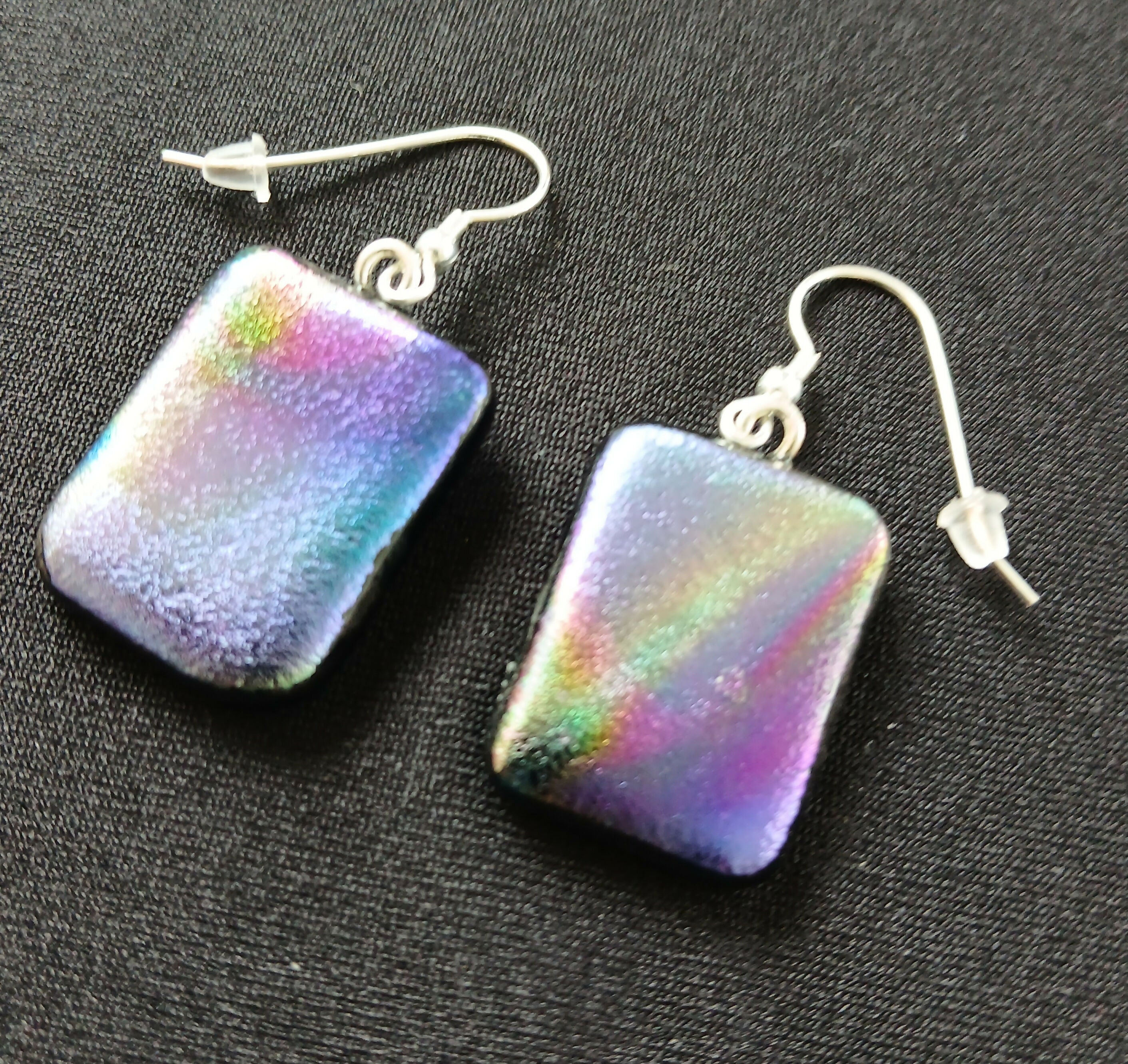 Fused Dichroic Glass Earrings in Rainbow with Sterling Silver Hooks
