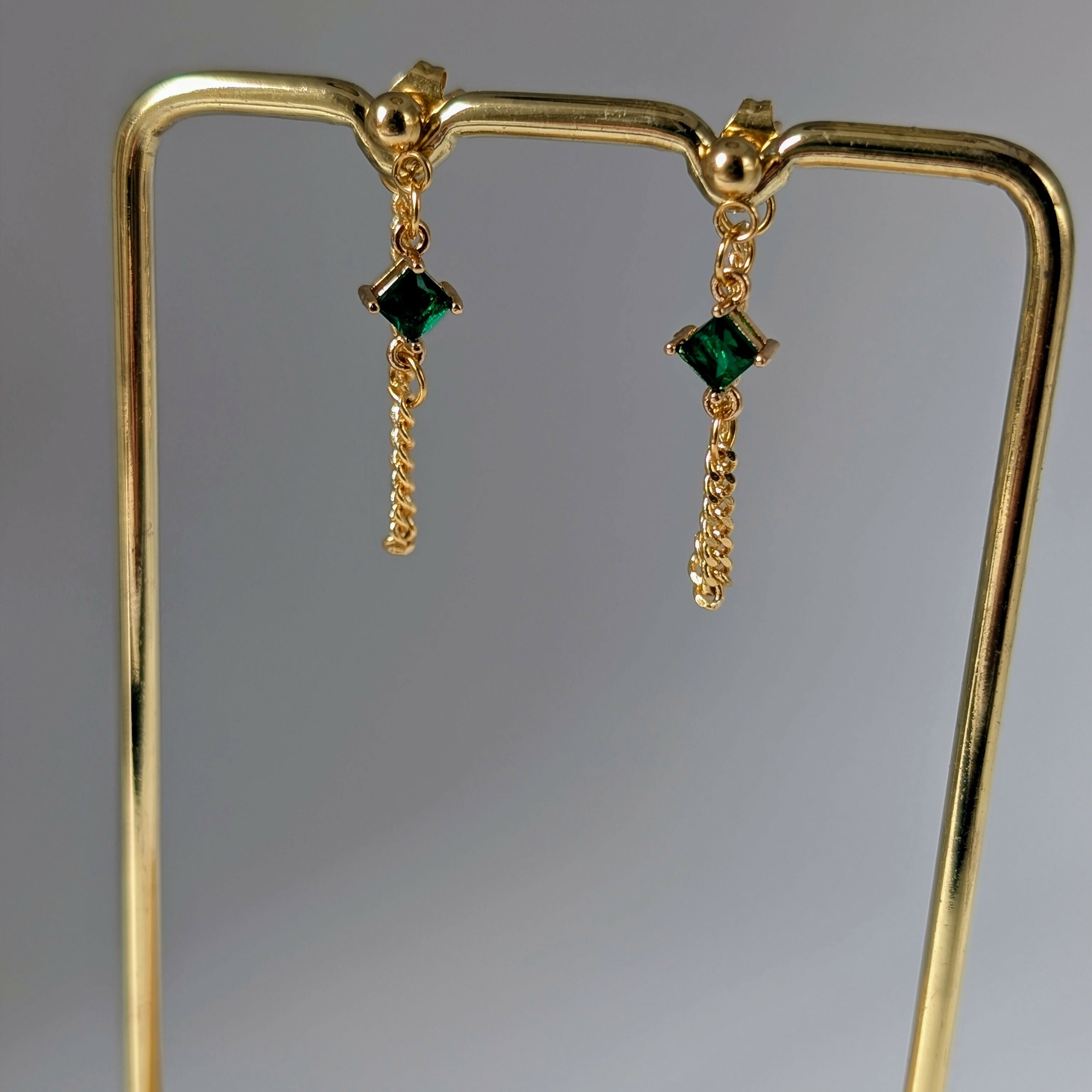 Emerald Green Zirconia Chain Earrrings on Gold Plated Ball Stud
