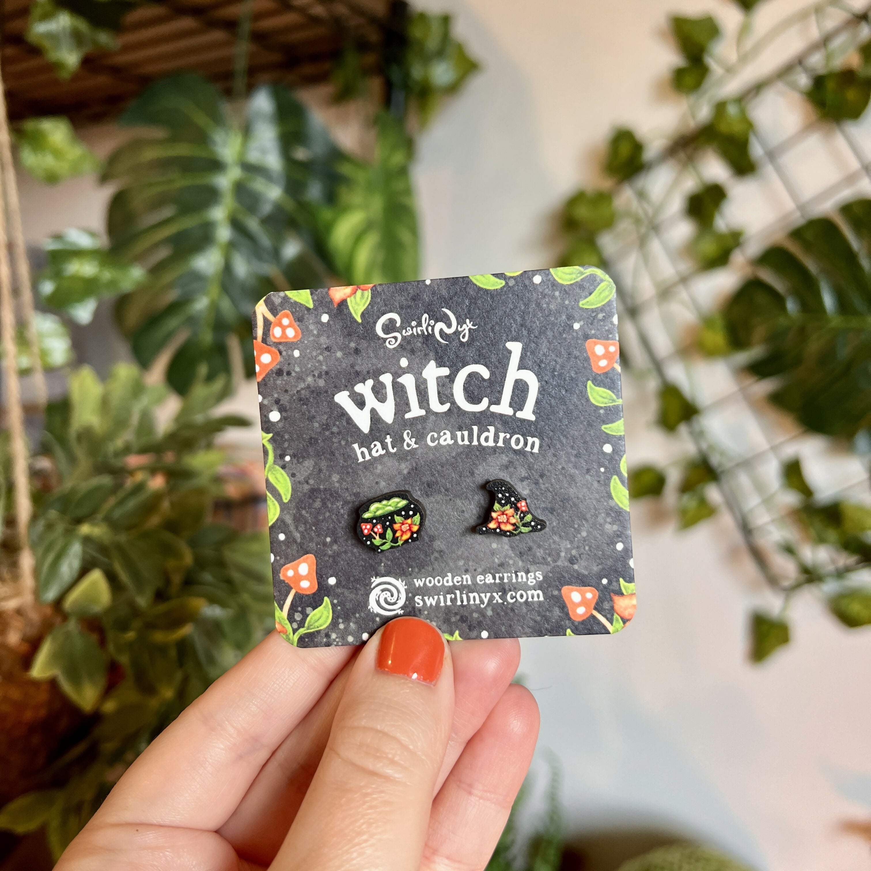 Witch Hat and Cauldron Wooden Earrings