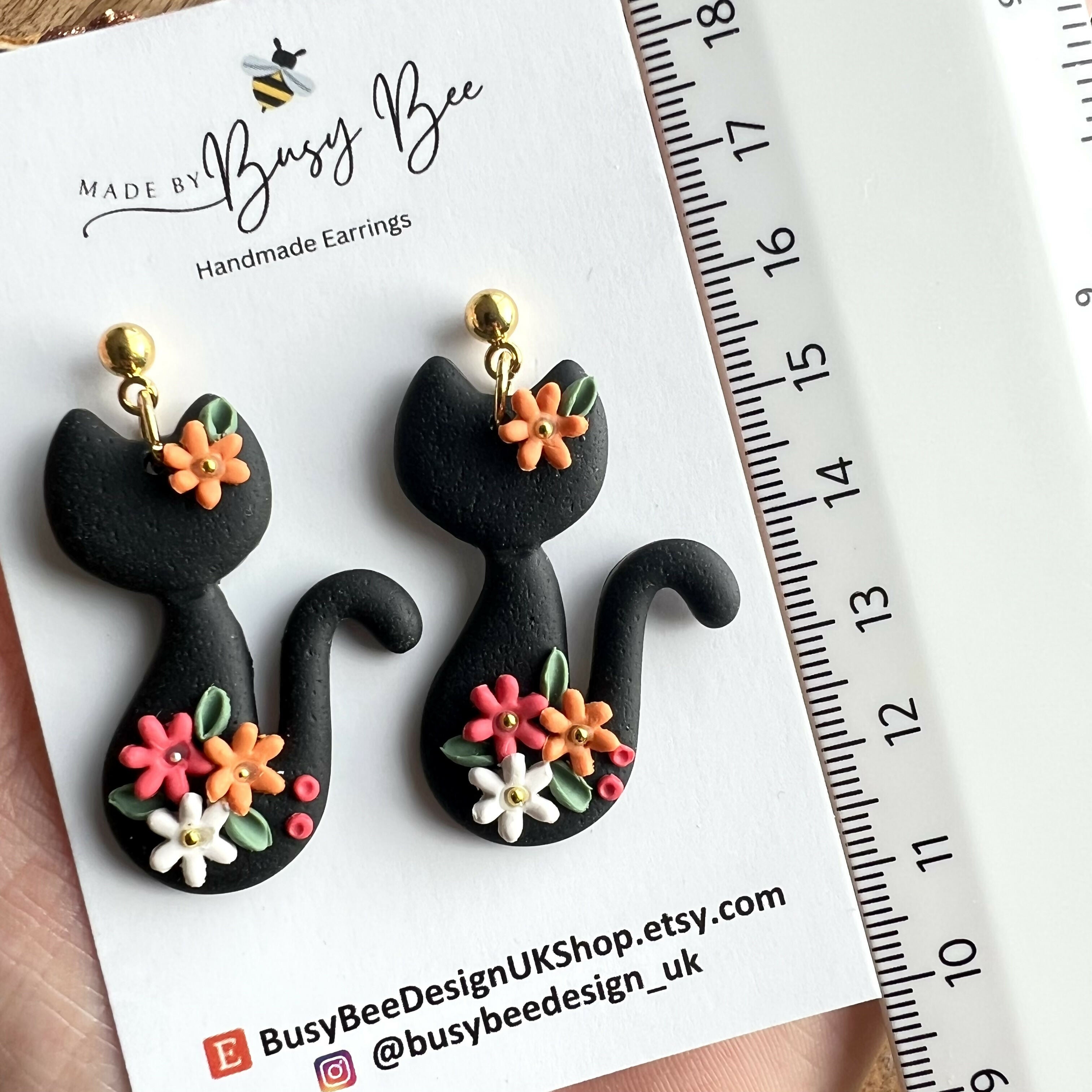 Polymer Clay Floral Cats Earrings / Handmade Cute Animal Dangles