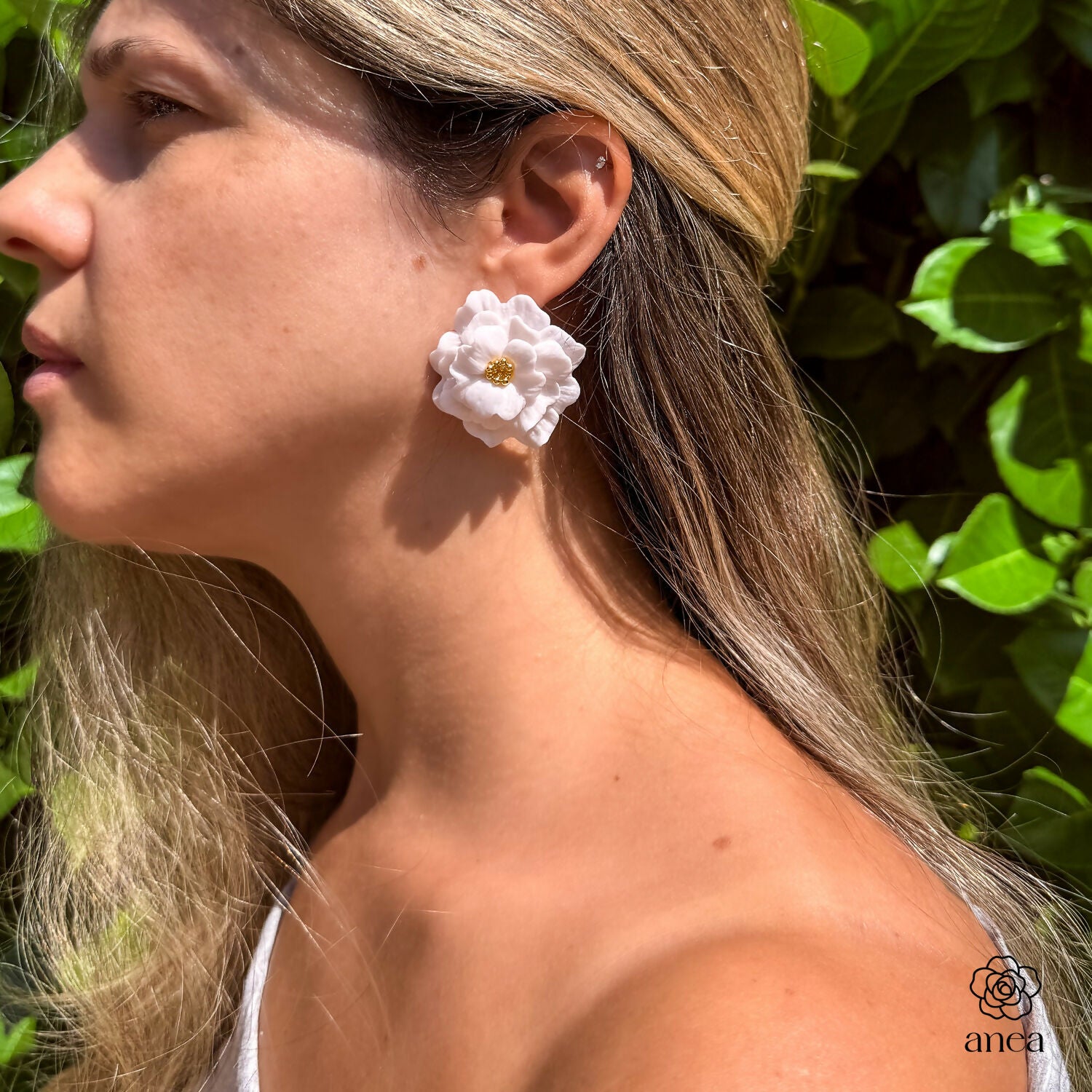 Large Floral Statement Earrings with Gold Bead Centre in White