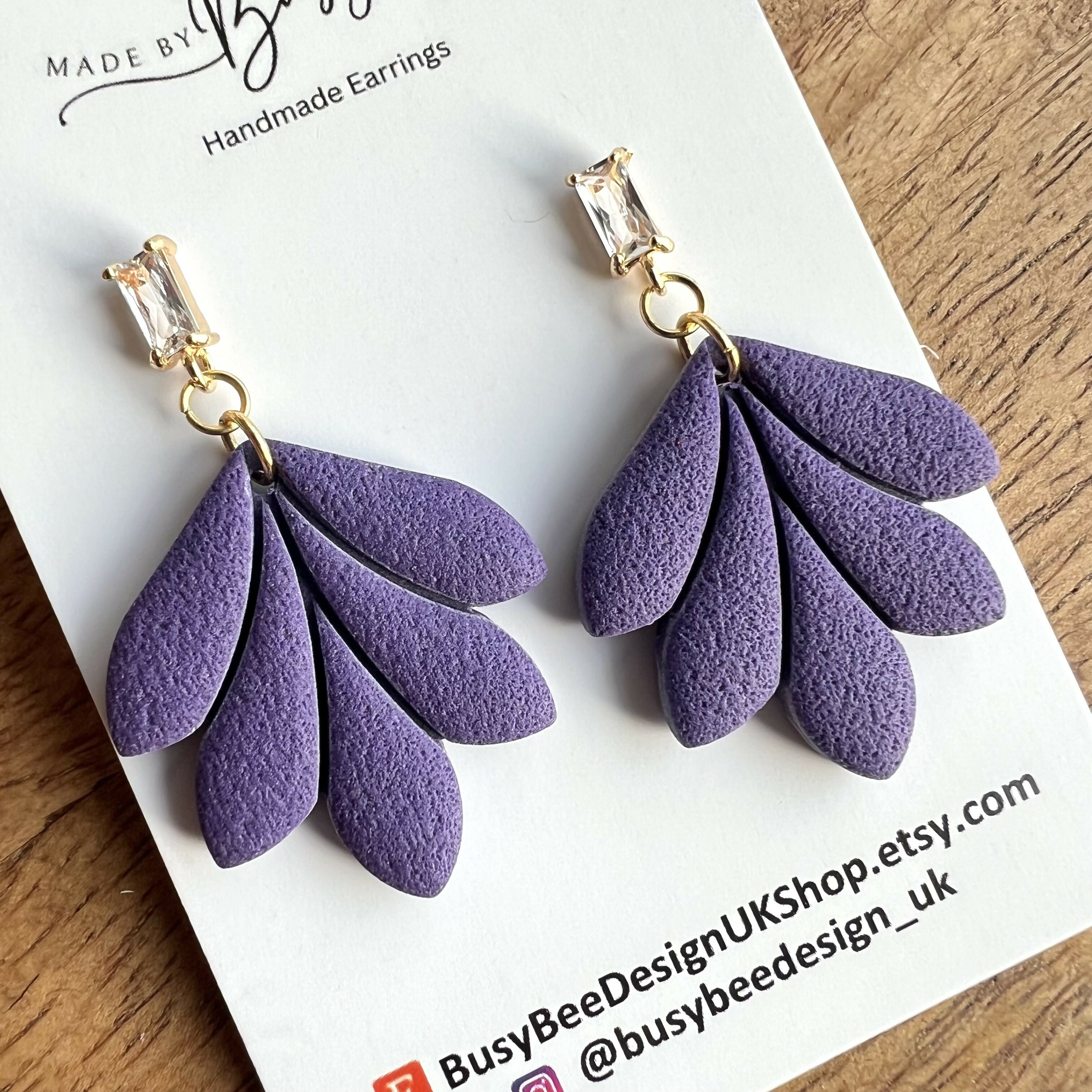 Minimal Leaf Earrings with Clear Glass Cubic Zirconia Studs/ Art Deco Polymer Clay Earrings / Handmade Clay Jewellery