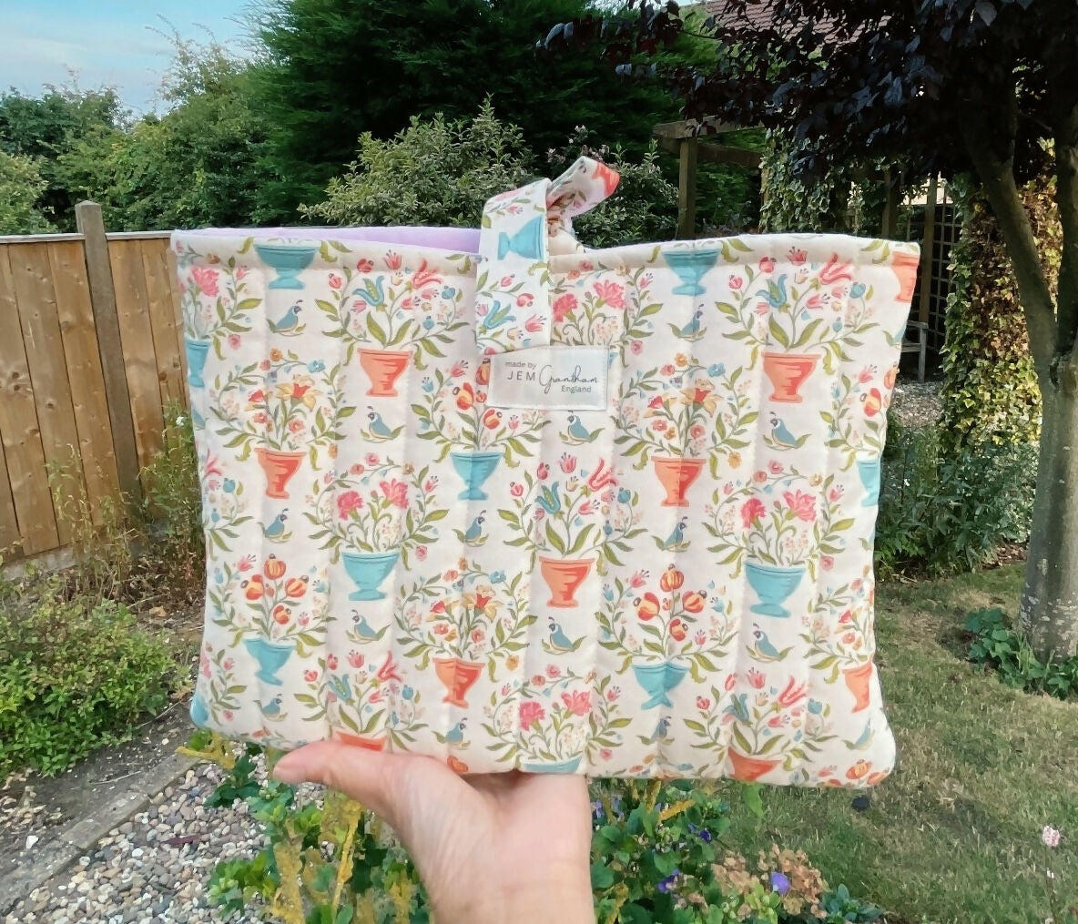 Handmade Quilted Book Sleeve Cream Flower Pot Print