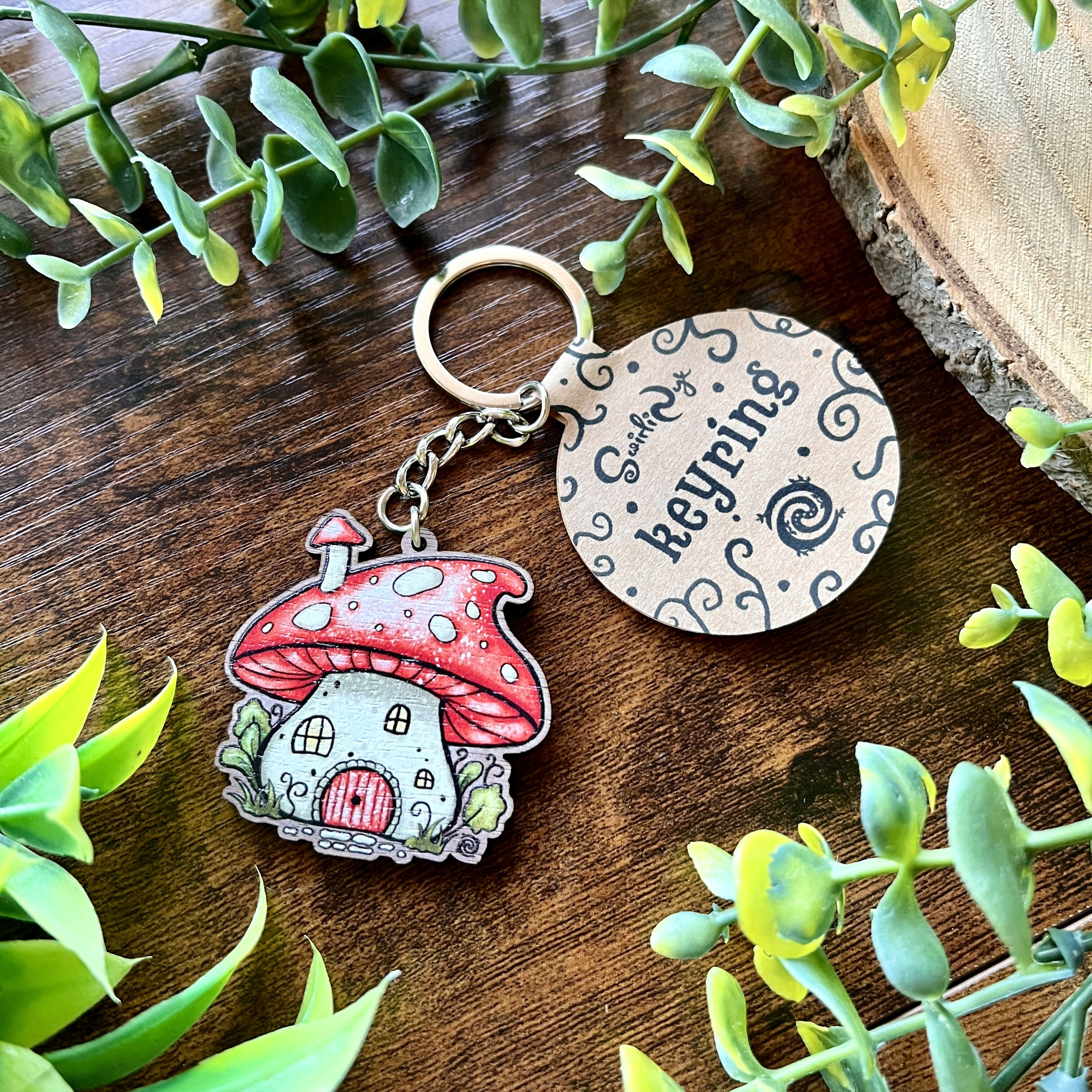 Mushroom House Wooden Keyring