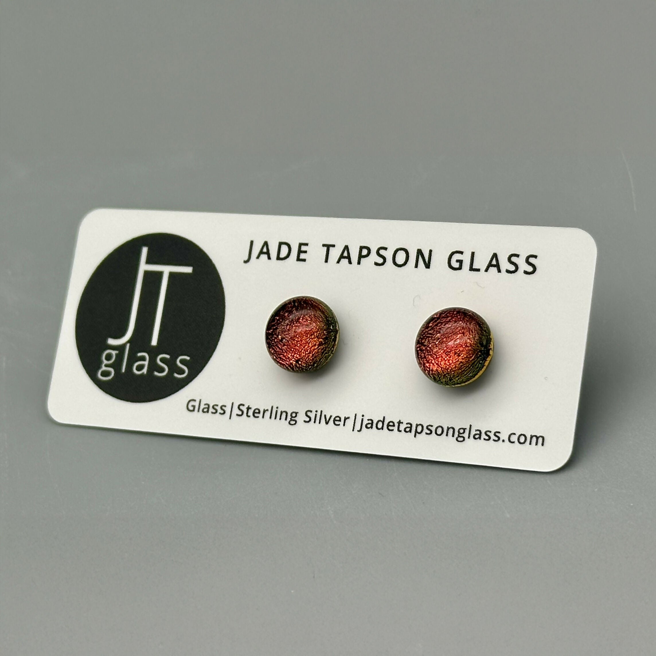 Red Dichroic Fused Glass Sterling Silver Stud Earrings - Handmade by Jade Tapson Glass.