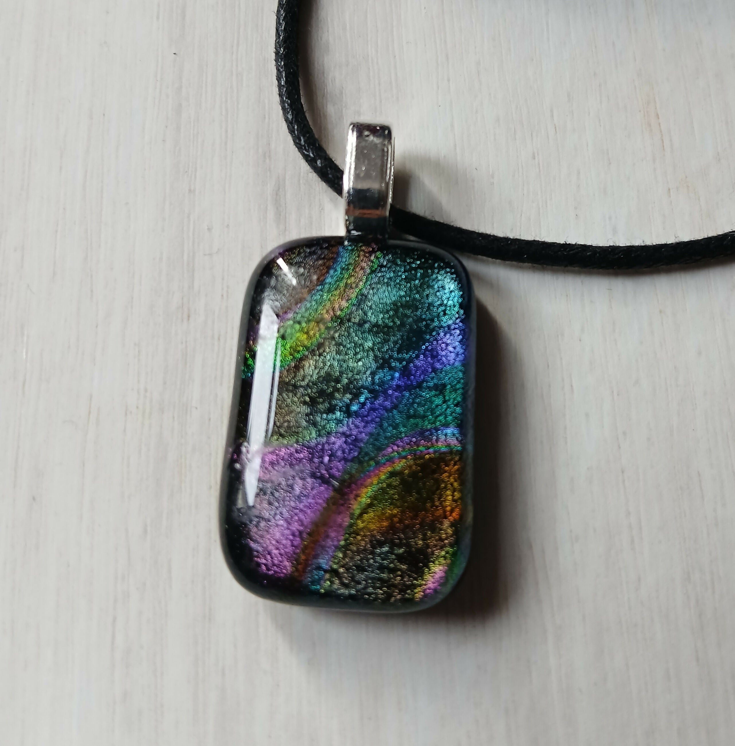 Fused Dichroic Glass Rectangular Pendant With a Cord Necklace (Rainbow)