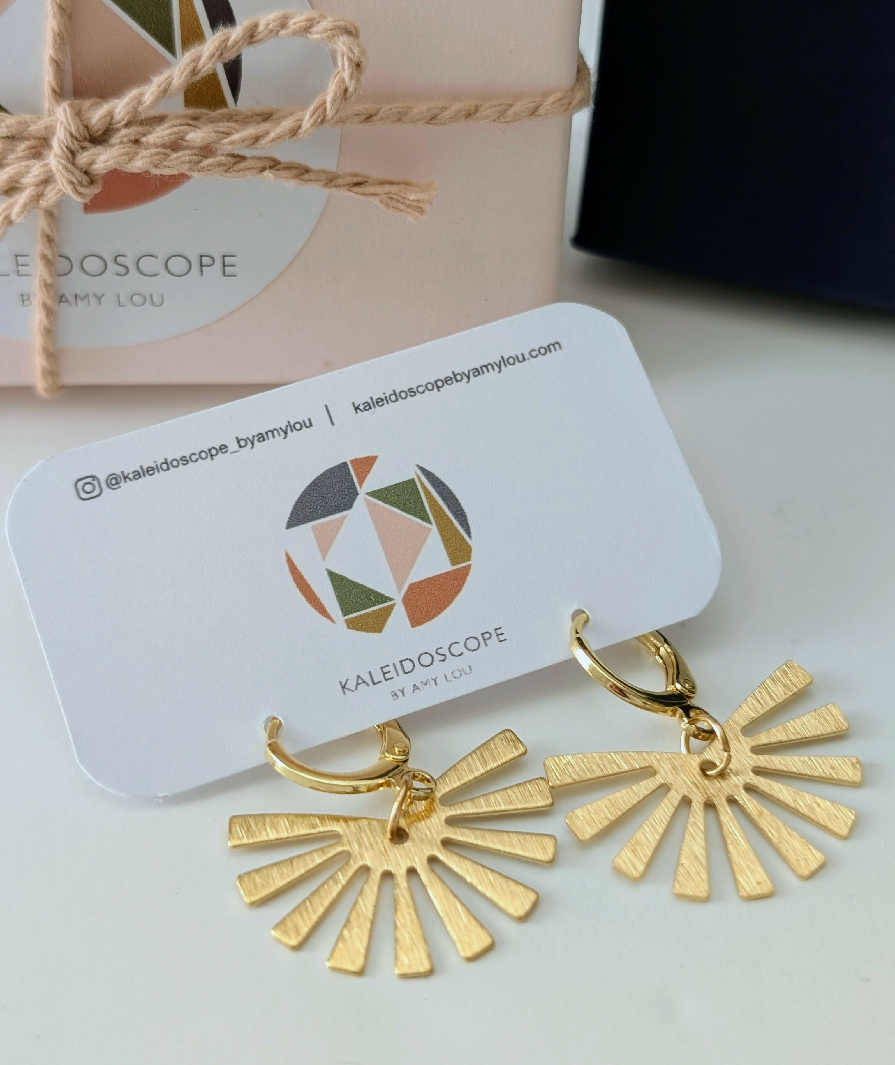 Gold Half Sun Fan Earrings on Gold Plated Huggie