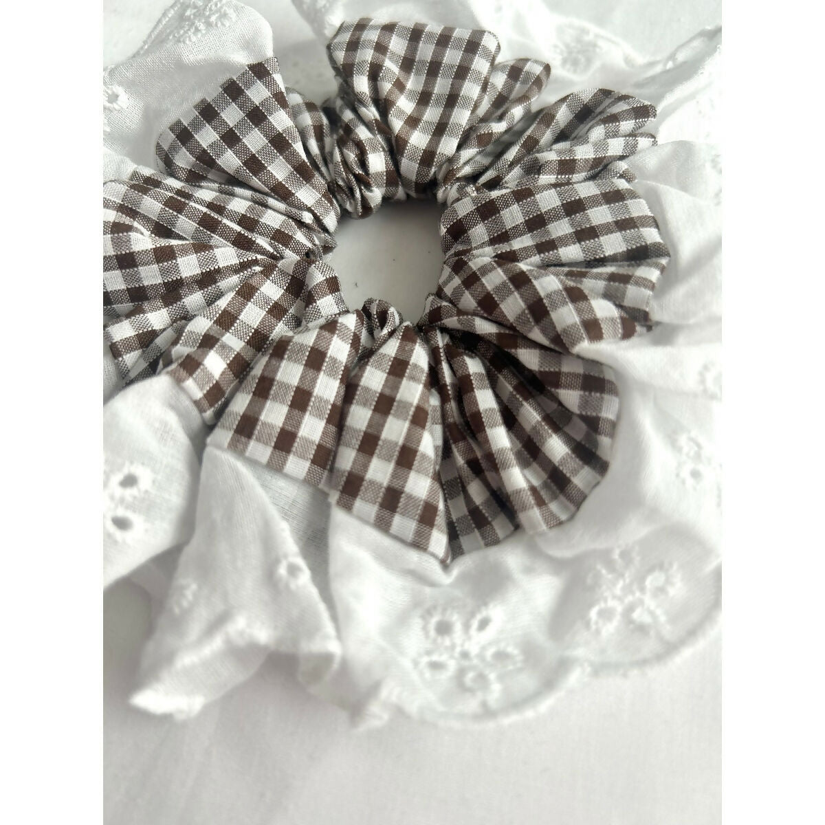 Brown Gingham Oversized Ruffle Broderie Lace Hair Scrunchie