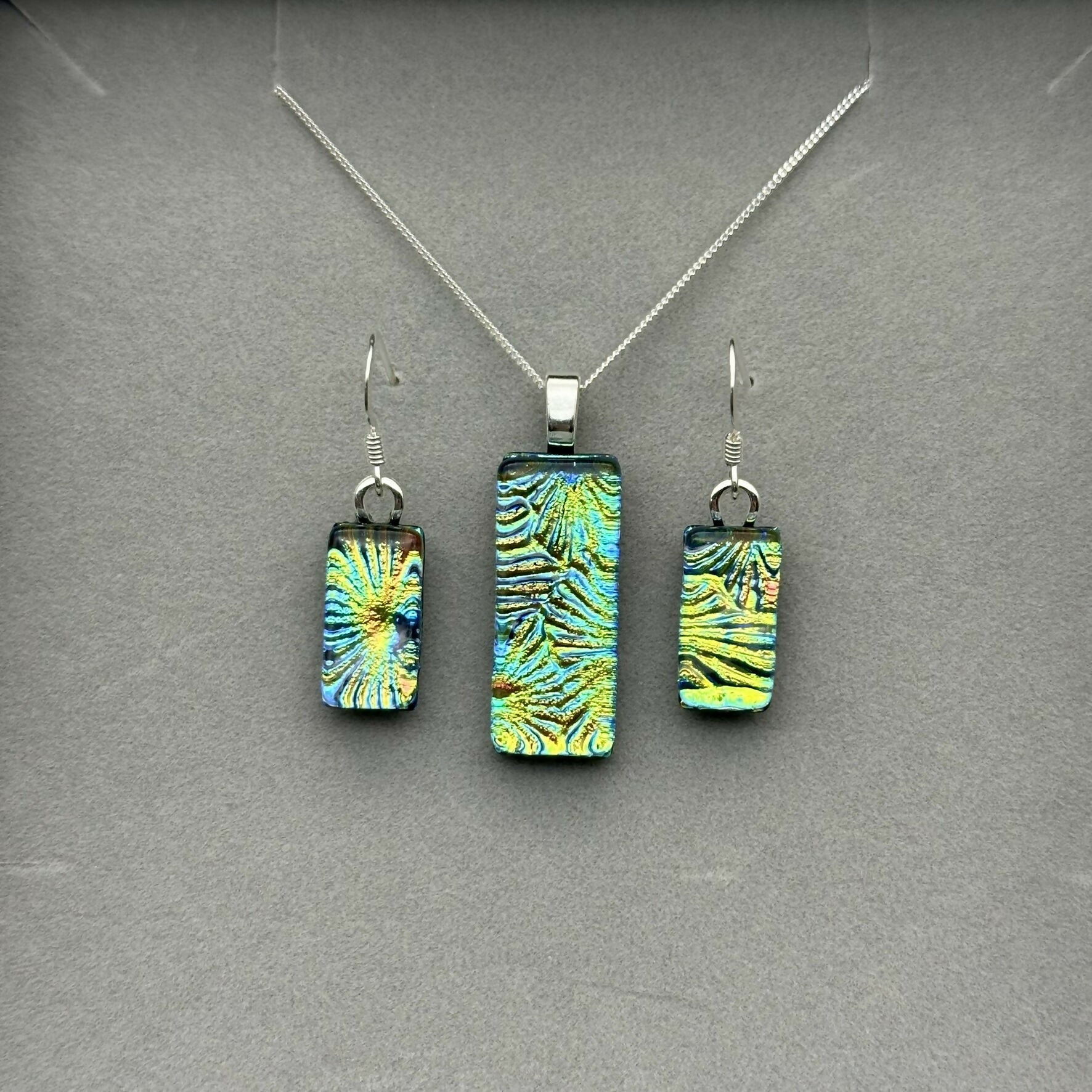 Rainbow Flower Dichroic Glass Necklace and Earrings Set - Sterling Silver, Handmade by Jade Tapson Glass.