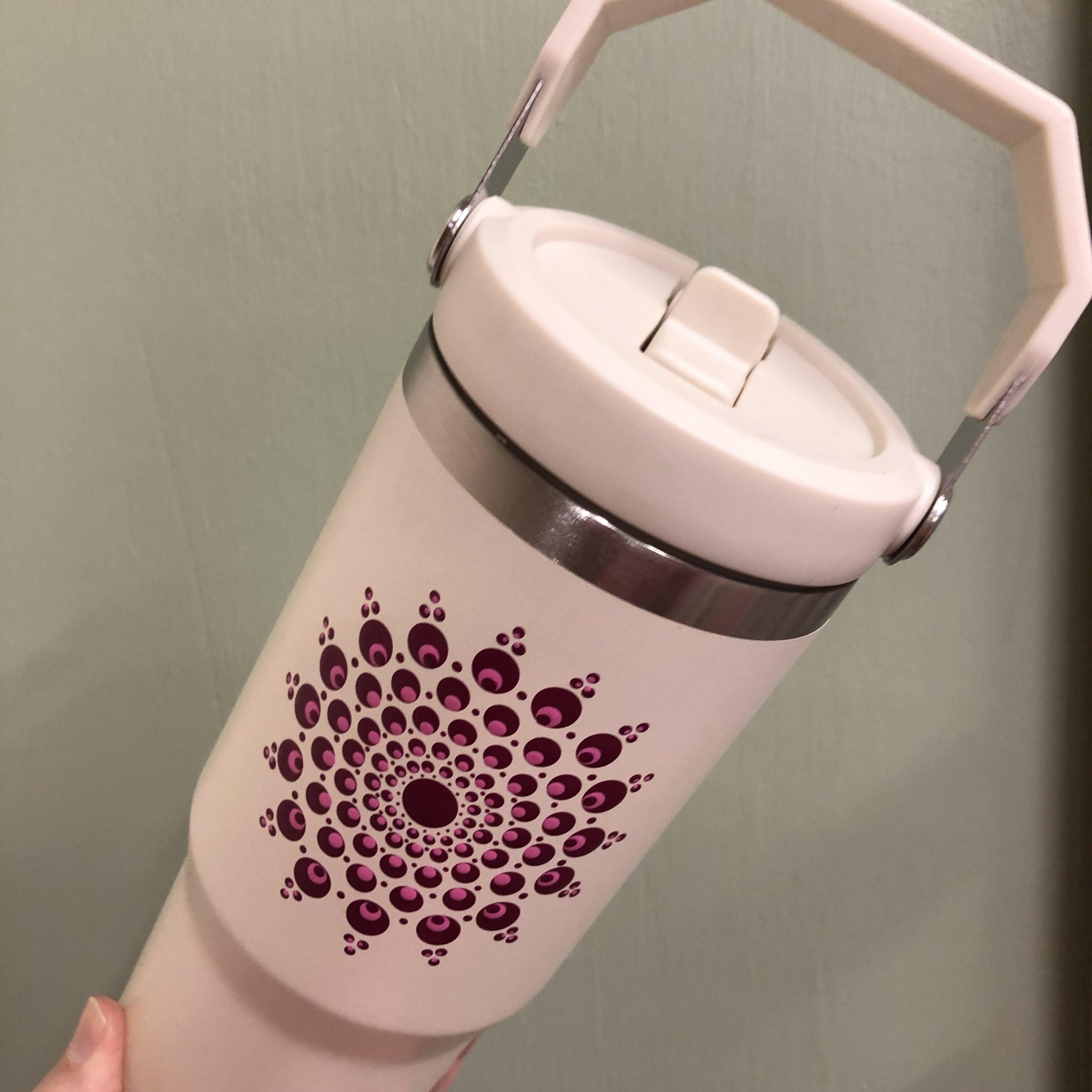 Hand Painted Dot Mandala Thermal Water Bottle with Handle: Cream with Burgundy and Pink