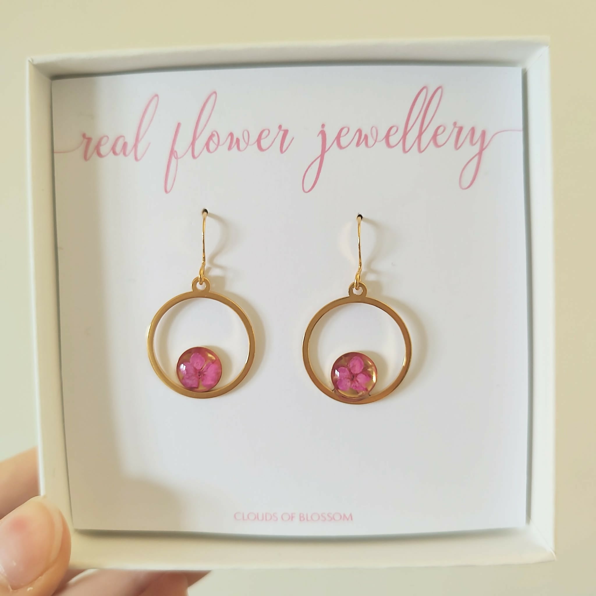 Pink Real Flower Mirrored Circle Earrings Gold Plated