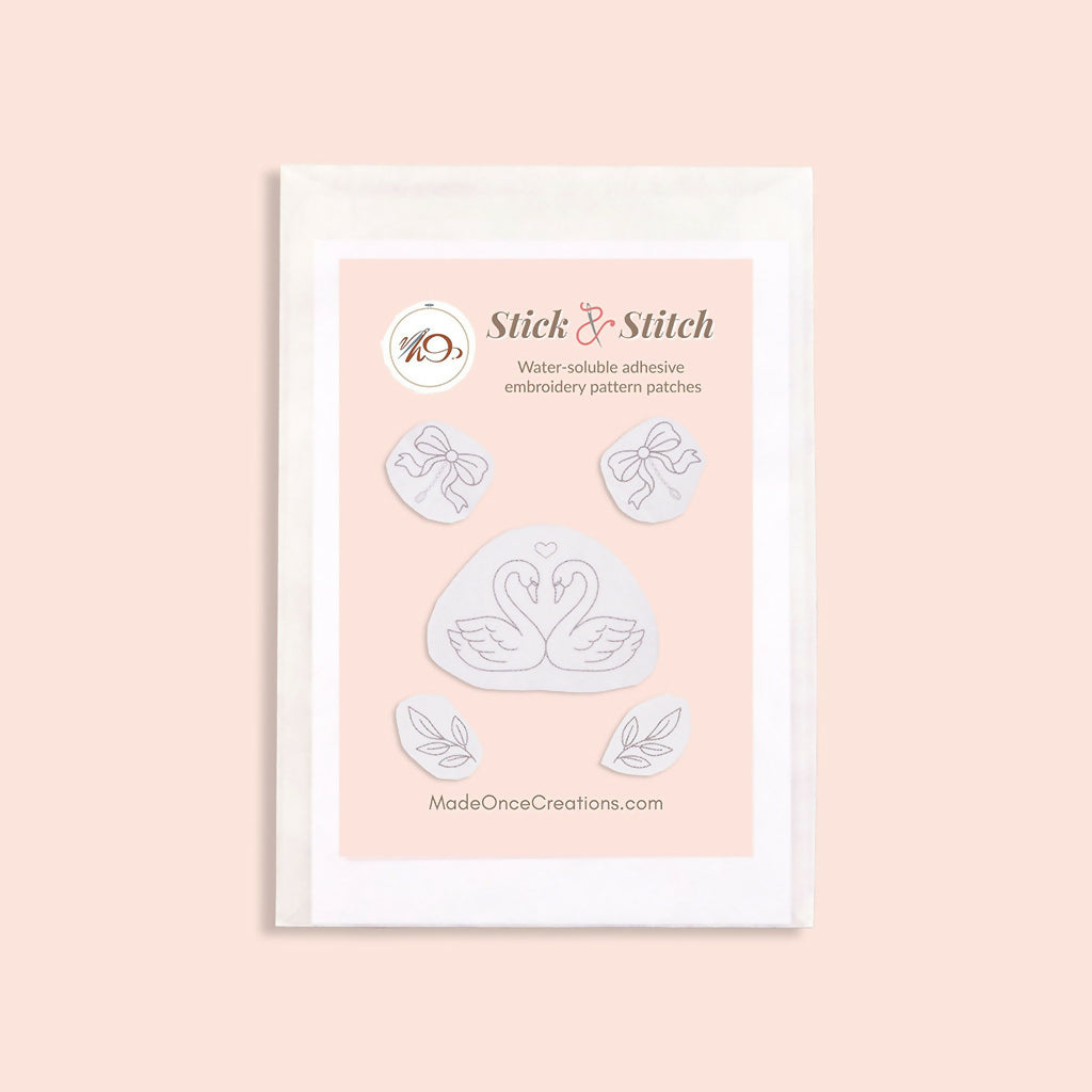 Swan Lake Stick & Stitch Embroidery Patterns Set – Swans, Bows & Leaves Designs