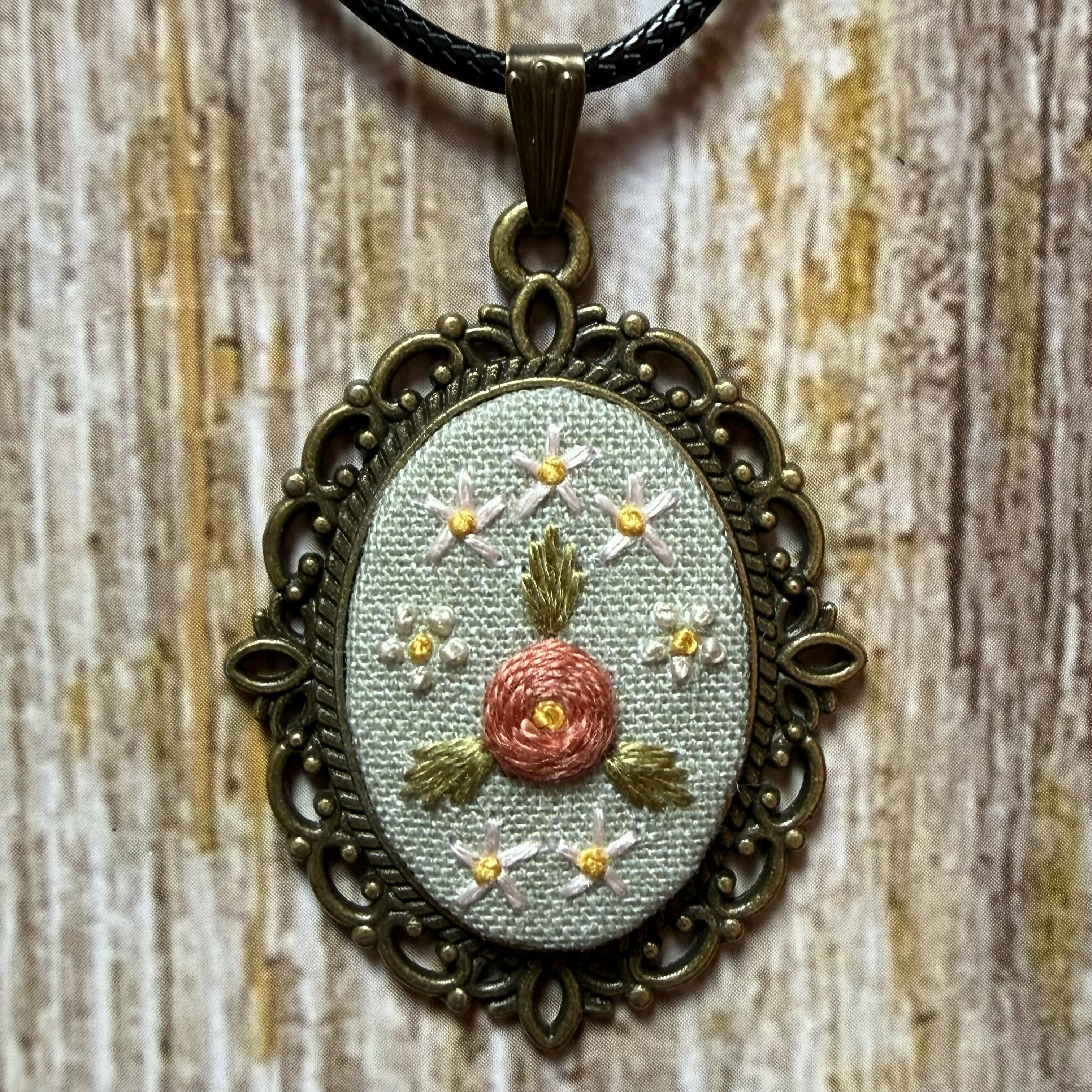 Sage Green Floral Hand Embroidered Necklace