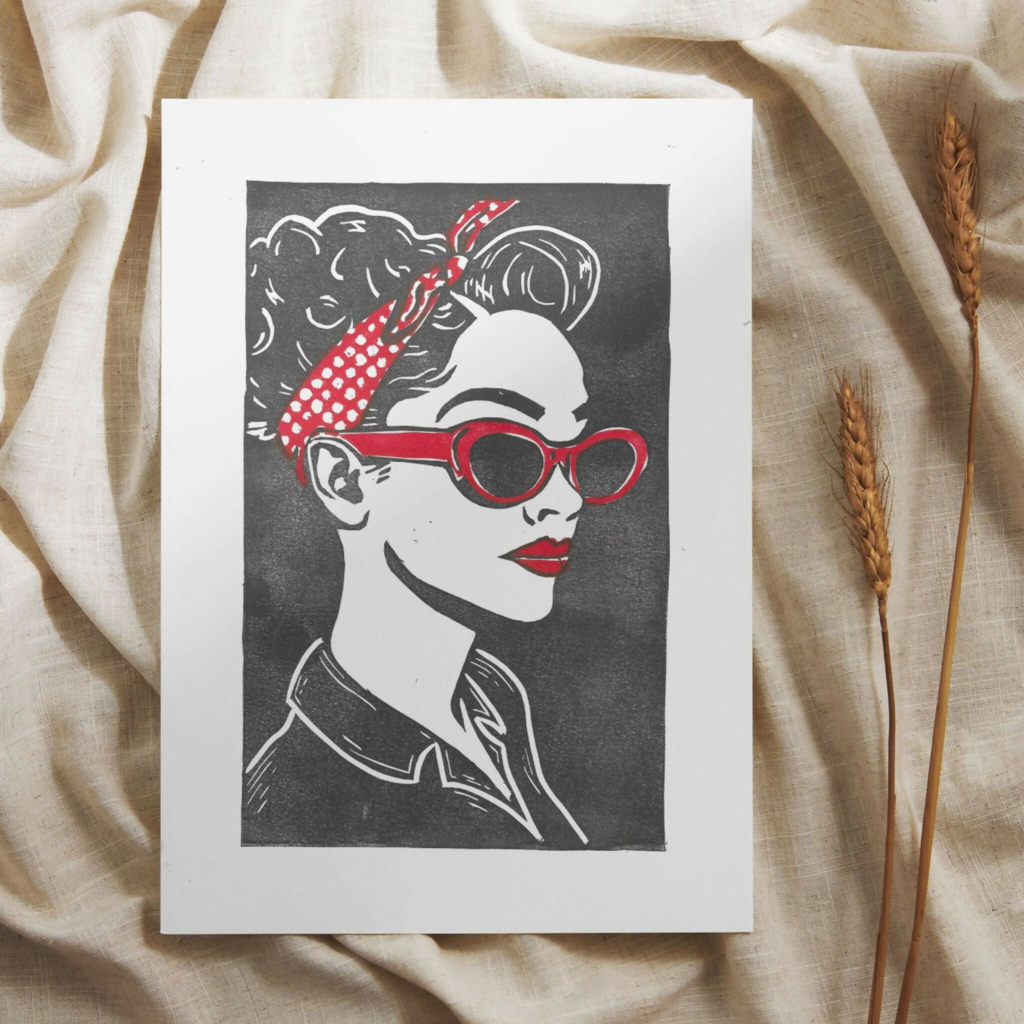 Original Lino Print 'Bandana Pin-up’